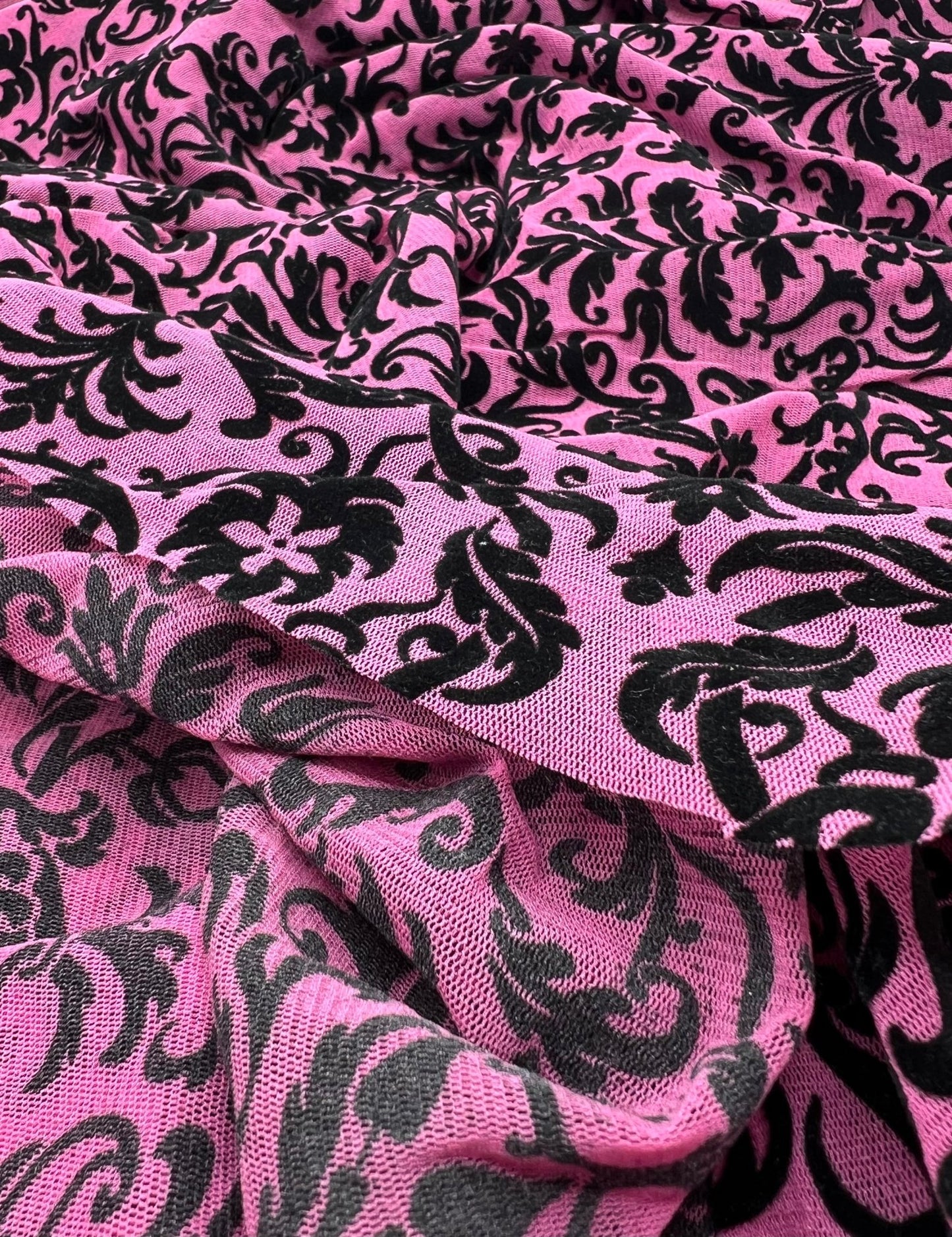 Hot Pink Embossed Flocked Mesh Fabric 2 Way Stretch - T9 Fabrics