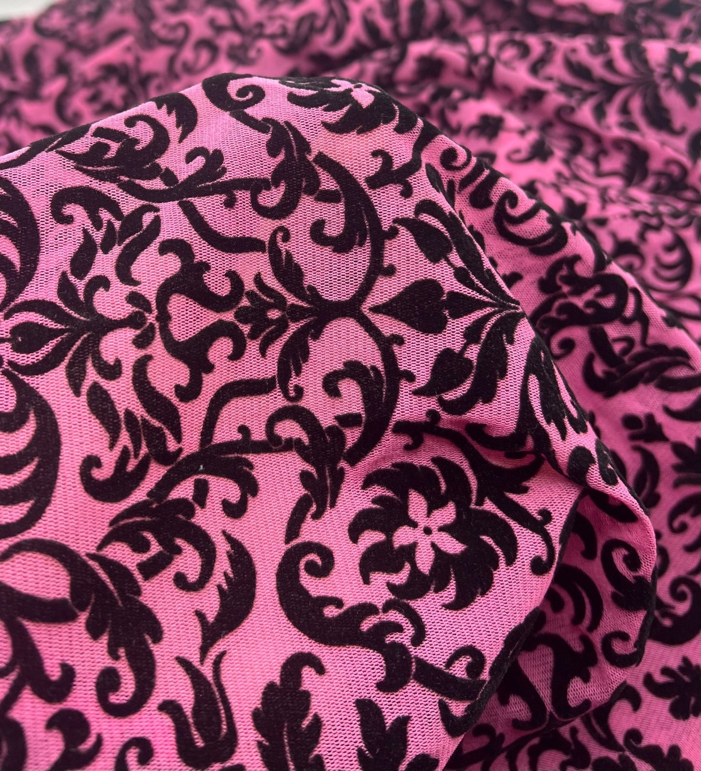 Hot Pink Embossed Flocked Mesh Fabric 2 Way Stretch - T9 Fabrics