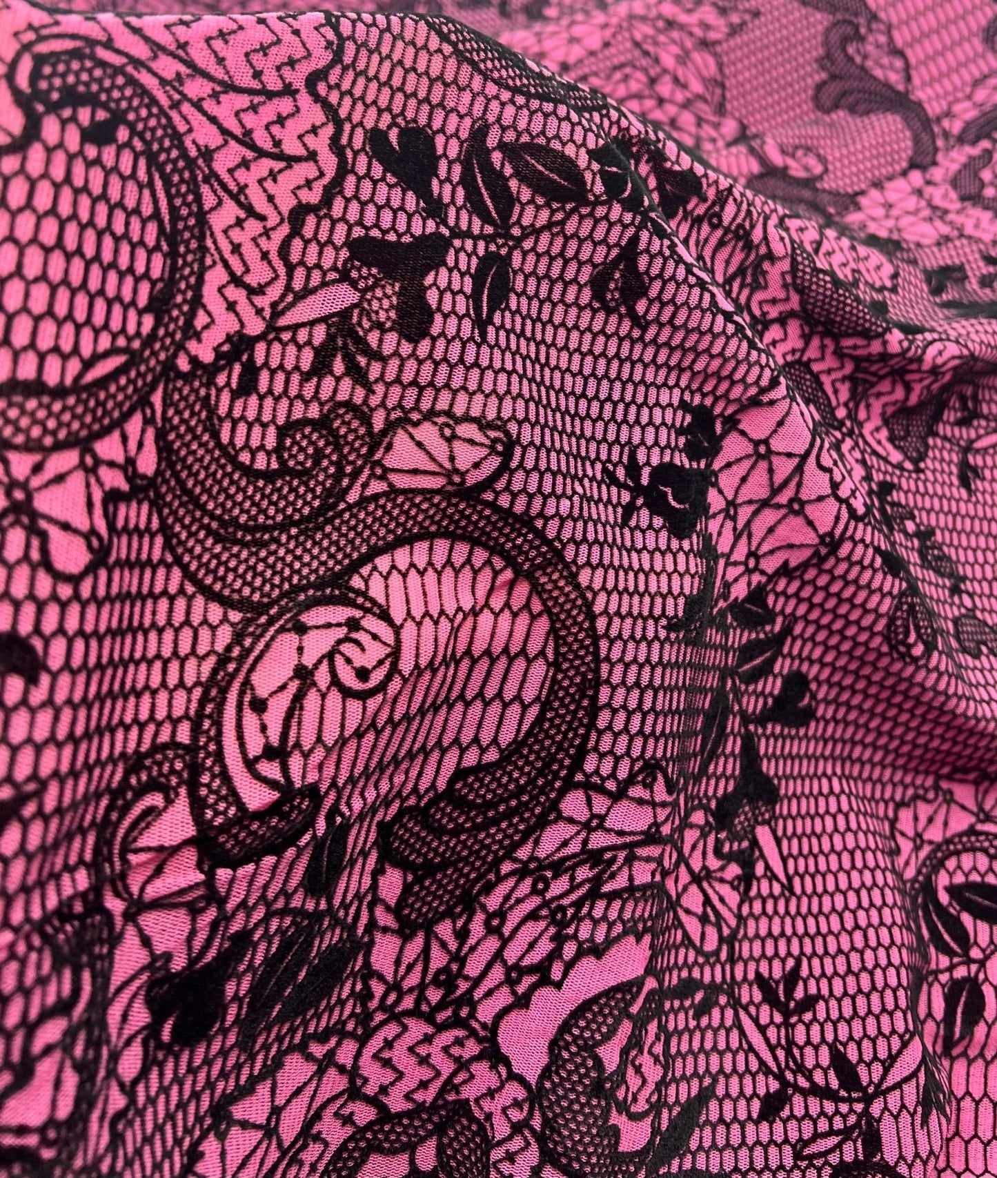 Hot Pink Floral Embossed Flocked Mesh Fabric 2 Way Stretch - T9 Fabrics