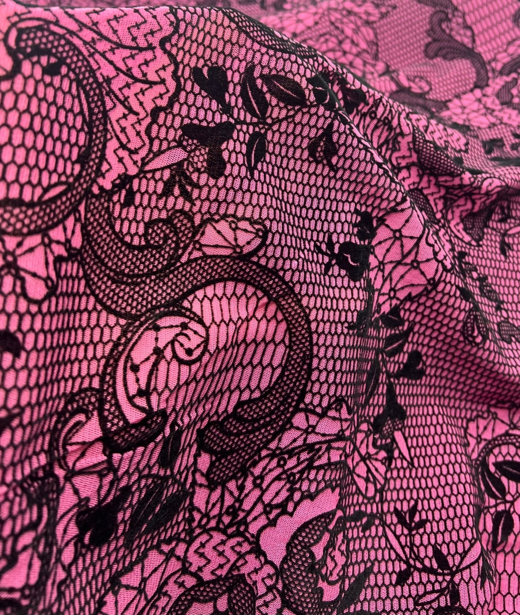 Hot Pink Floral Embossed Flocked Mesh Fabric 2 Way Stretch - T9 Fabrics