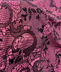 Hot Pink Floral Embossed Flocked Mesh Fabric 2 Way Stretch - T9 Fabrics