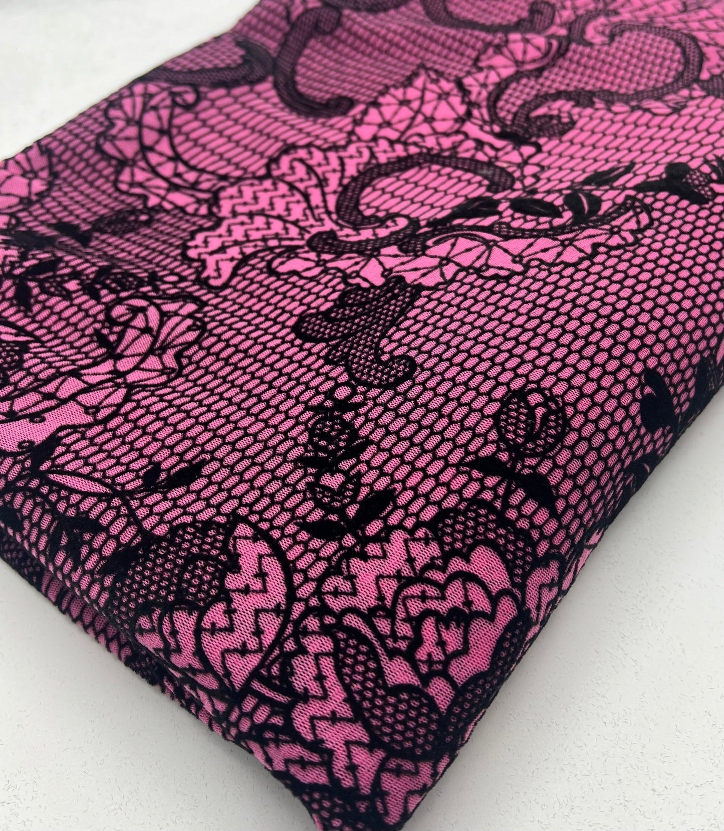 Hot Pink Floral Embossed Flocked Mesh Fabric 2 Way Stretch - T9 Fabrics