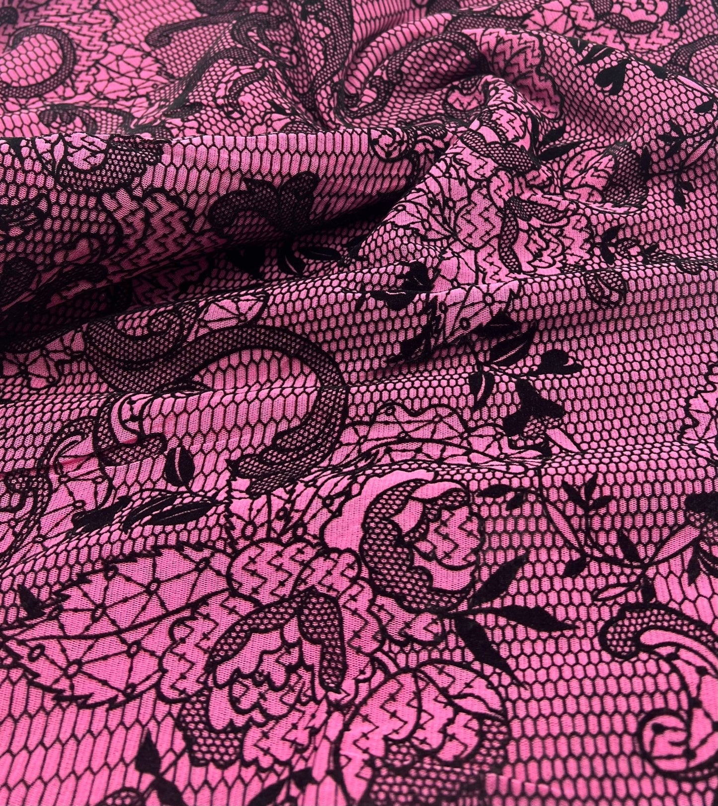 Hot Pink Floral Embossed Flocked Mesh Fabric 2 Way Stretch - T9 Fabrics