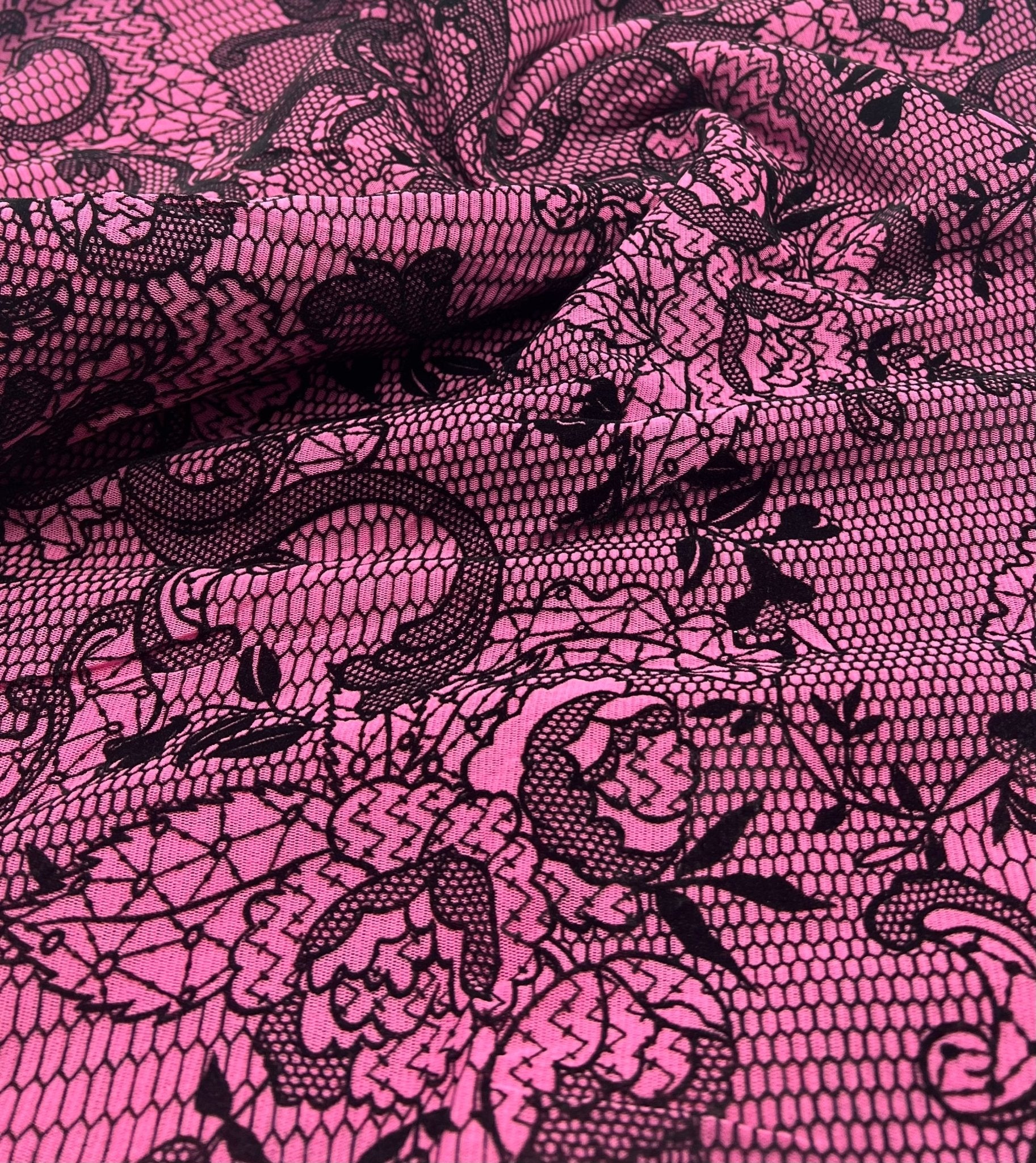 Hot Pink Floral Embossed Flocked Mesh Fabric 2 Way Stretch - T9 Fabrics