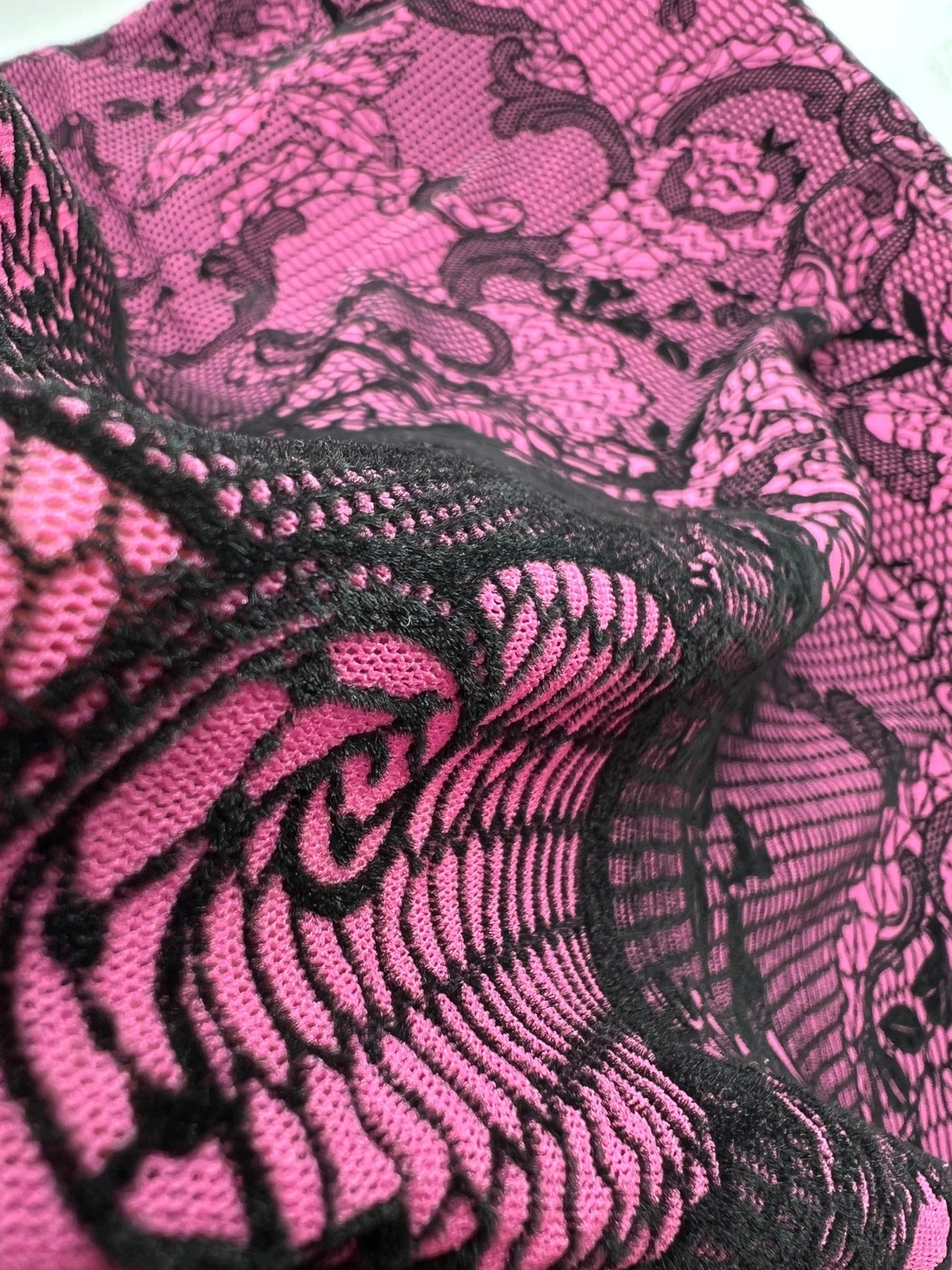 Hot Pink Floral Embossed Flocked Mesh Fabric 2 Way Stretch - T9 Fabrics