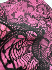 Hot Pink Floral Embossed Flocked Mesh Fabric 2 Way Stretch - T9 Fabrics