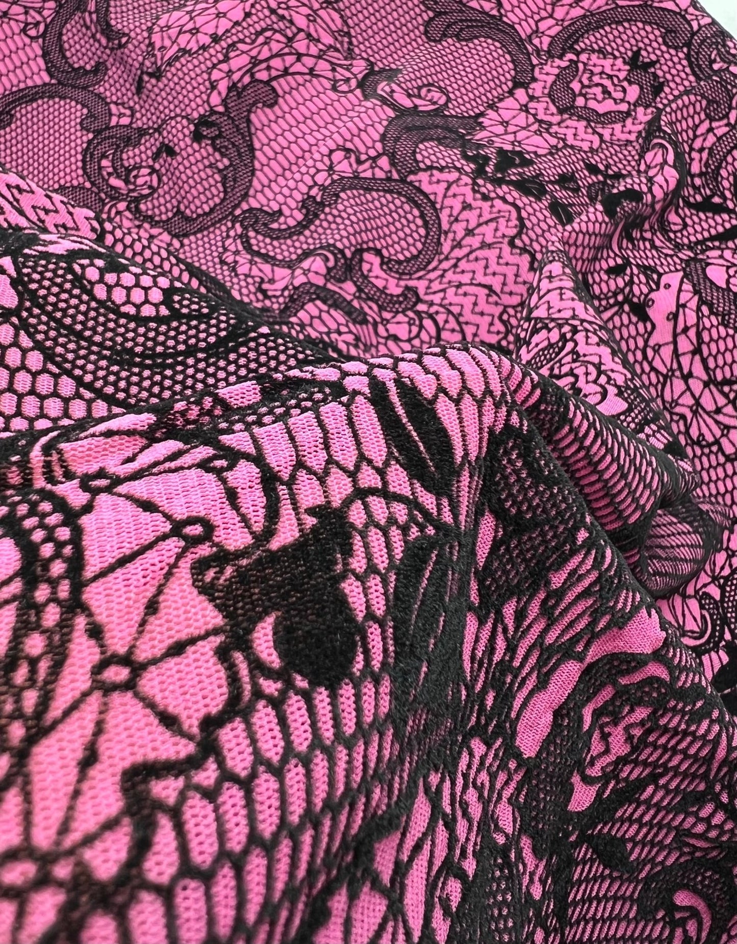 Hot Pink Floral Embossed Flocked Mesh Fabric 2 Way Stretch - T9 Fabrics