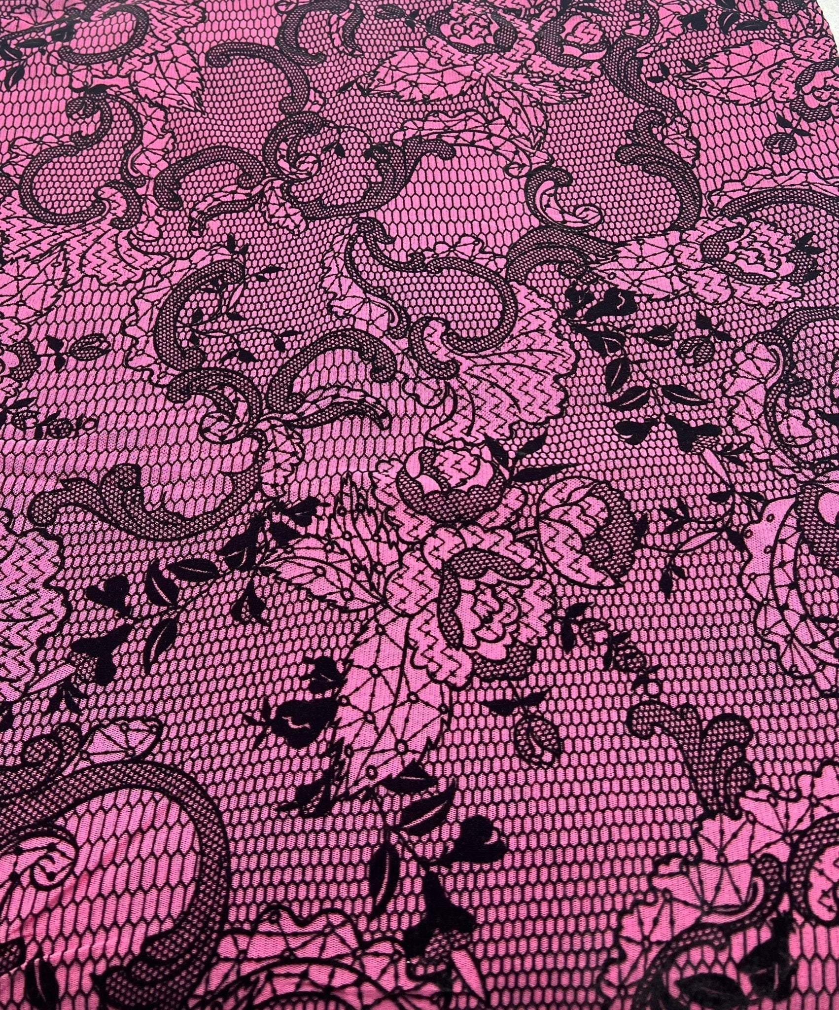 Hot Pink Floral Embossed Flocked Mesh Fabric 2 Way Stretch - T9 Fabrics