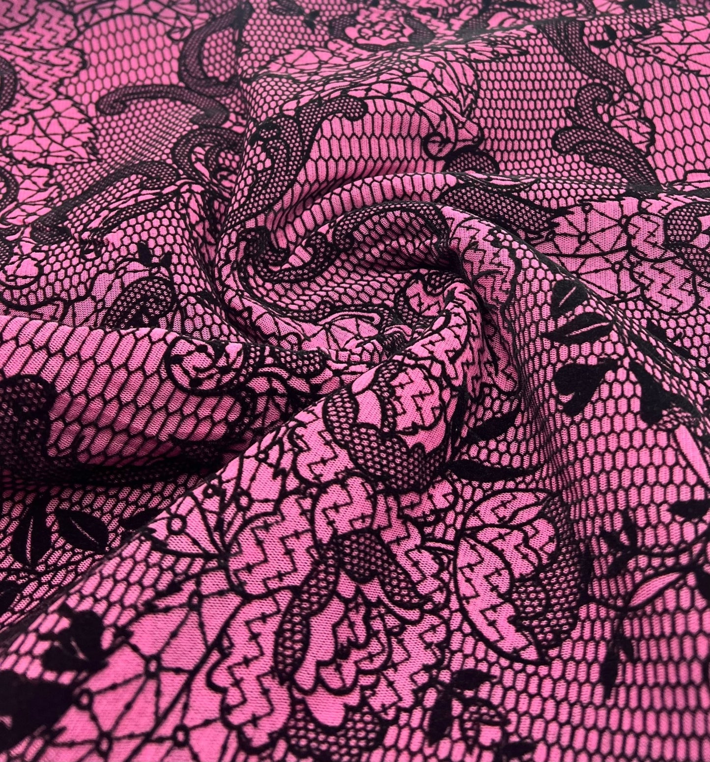 Hot Pink Floral Embossed Flocked Mesh Fabric 2 Way Stretch - T9 Fabrics