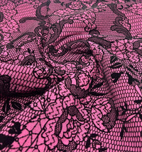 Hot Pink Floral Embossed Flocked Mesh Fabric 2 Way Stretch - T9 Fabrics
