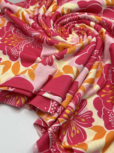 Hot Pink Floral Print Spun Poly Stretch Fabric - T9 Fabrics