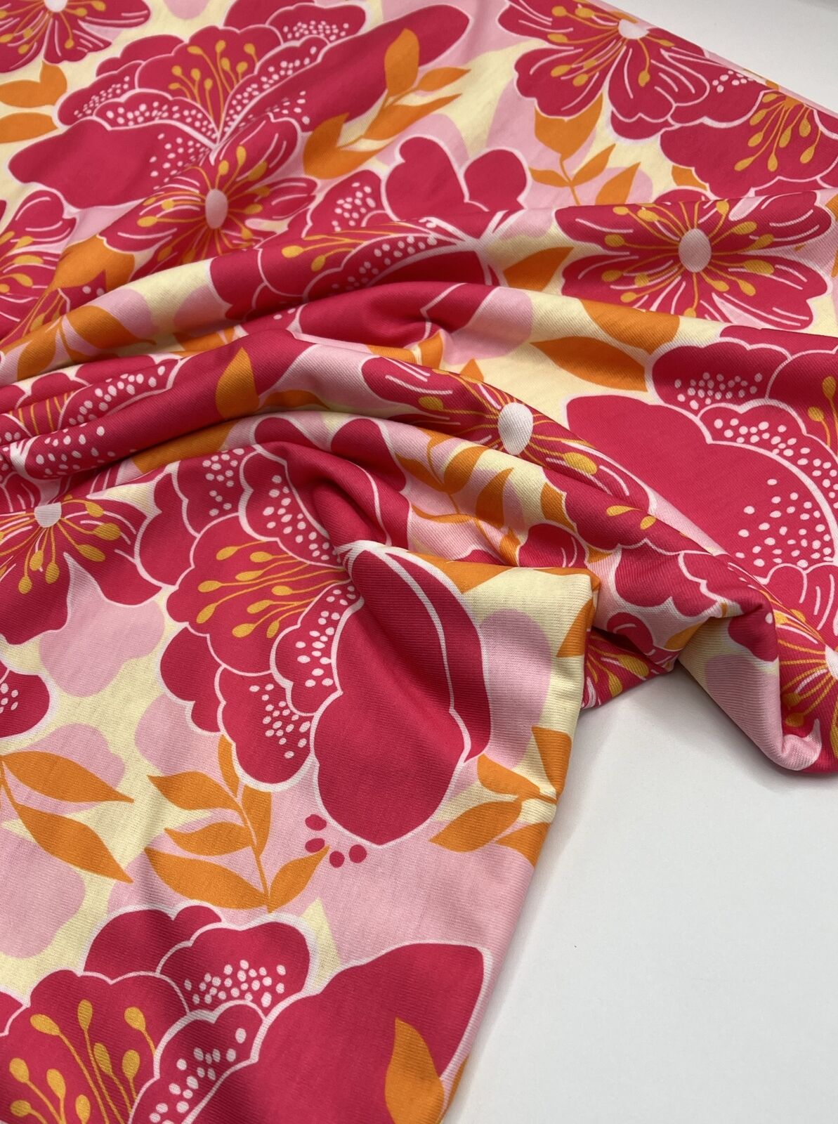 Hot Pink Floral Print Spun Poly Stretch Fabric - T9 Fabrics