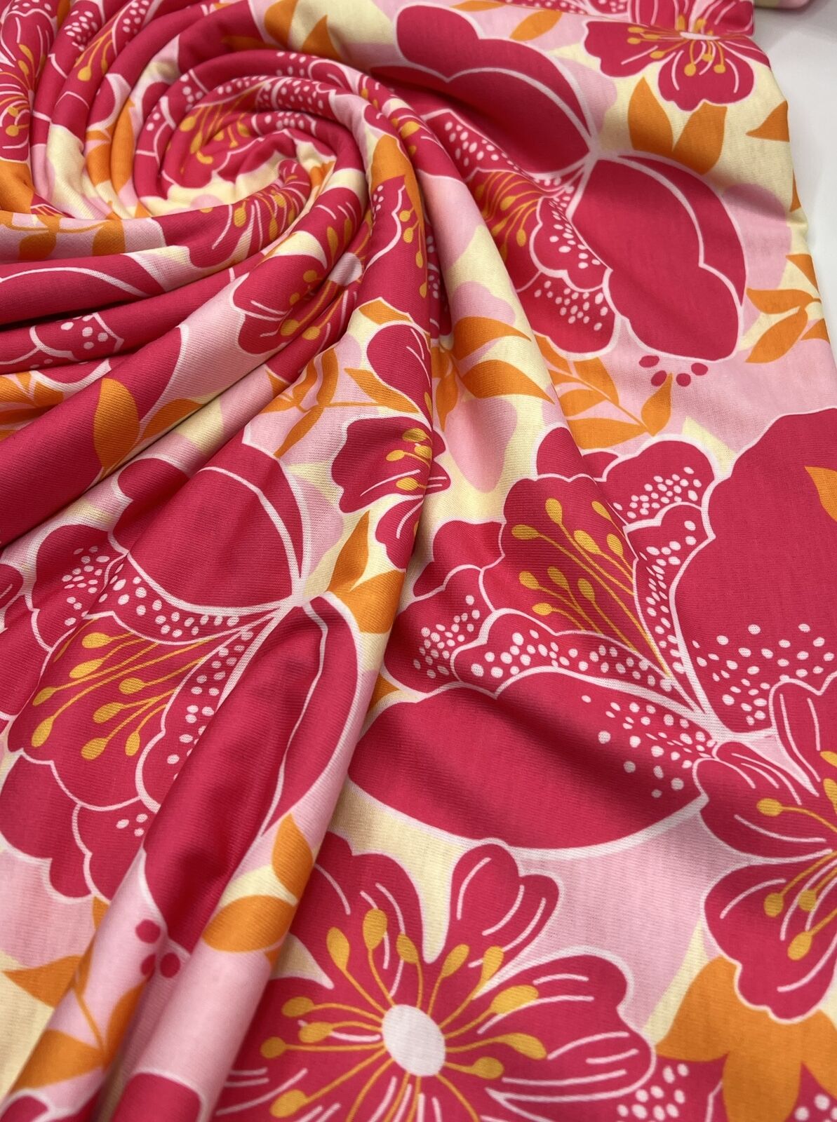 Hot Pink Floral Print Spun Poly Stretch Fabric - T9 Fabrics