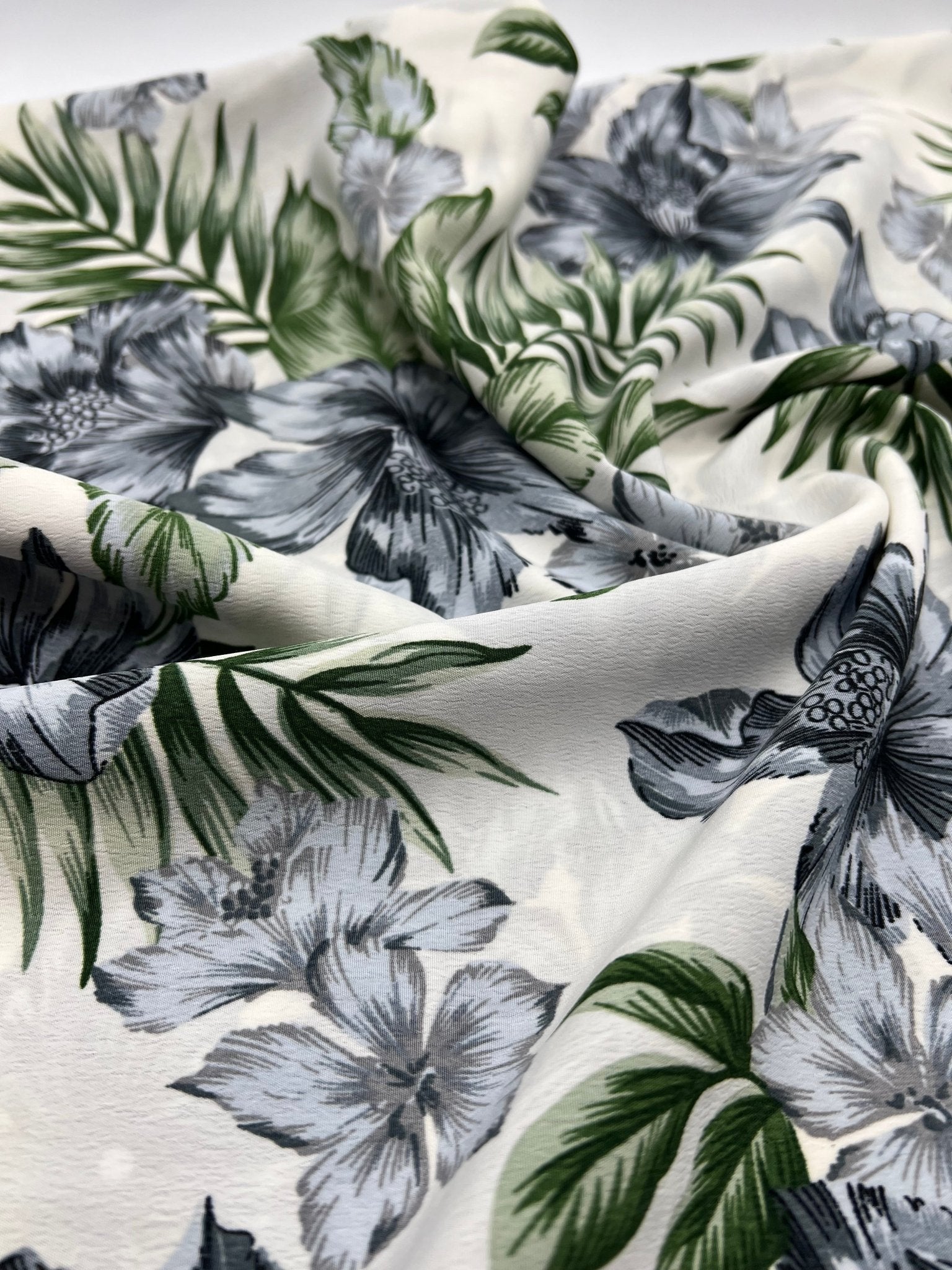 Ivory Blue Leaf Floral Lightweight Non Stretch Woven Fabric - T9 Fabrics