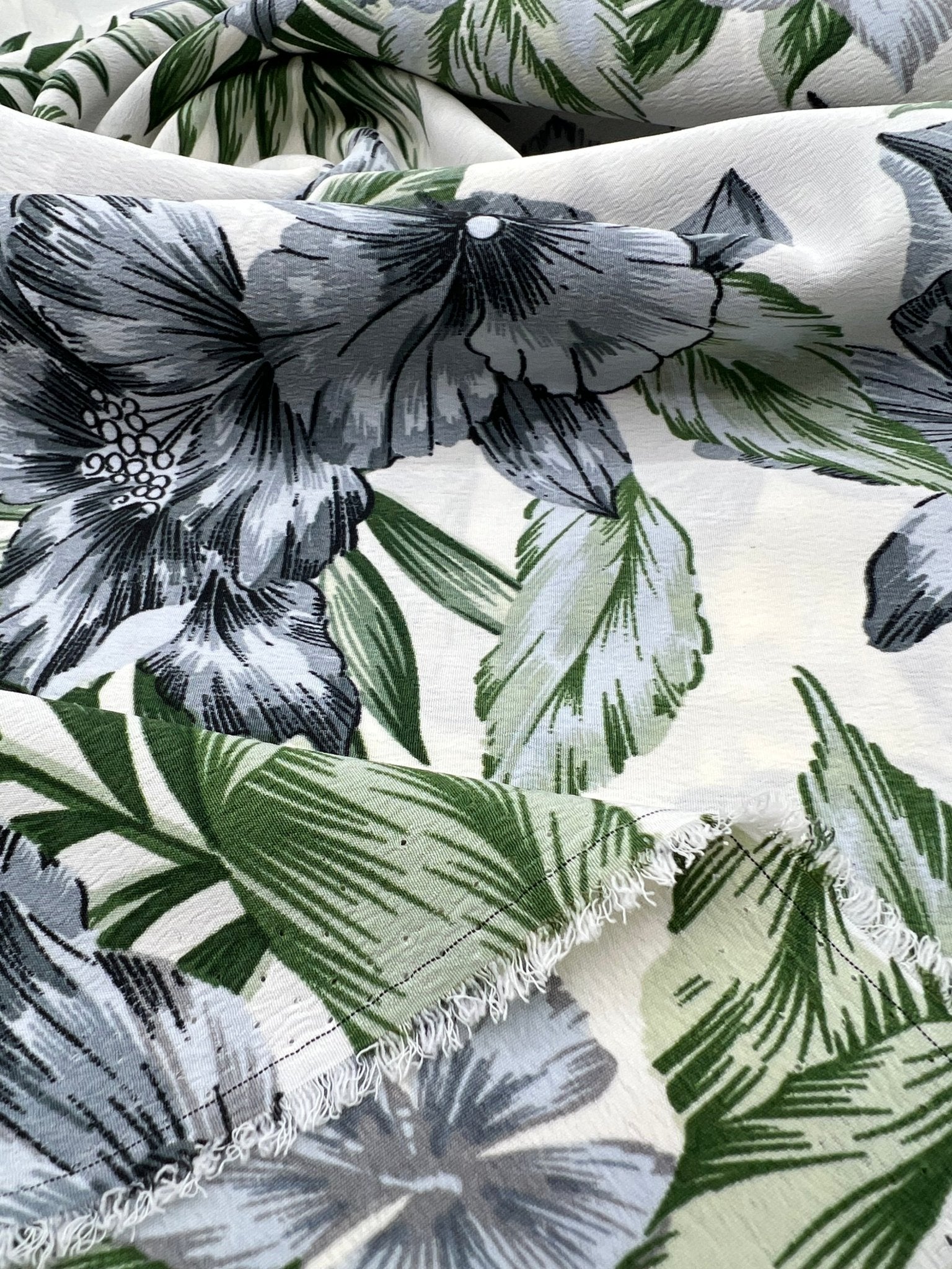 Ivory Blue Leaf Floral Lightweight Non Stretch Woven Fabric - T9 Fabrics