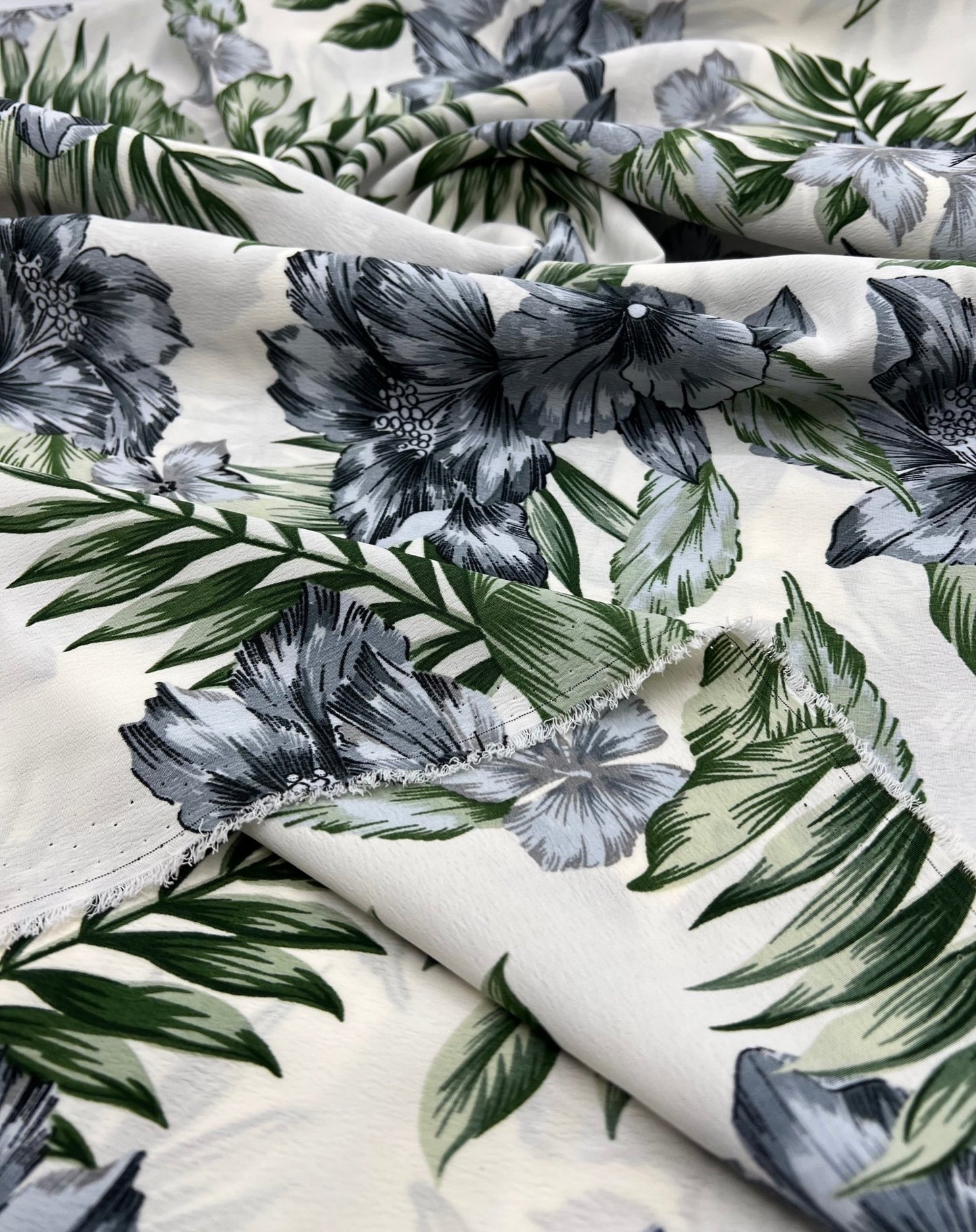 Ivory Blue Leaf Floral Lightweight Non Stretch Woven Fabric - T9 Fabrics