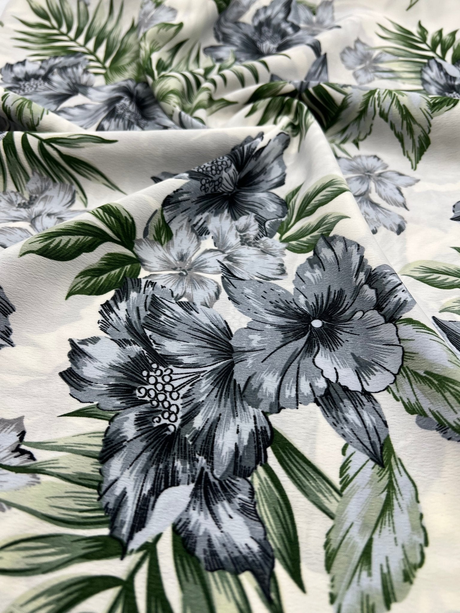 Ivory Blue Leaf Floral Lightweight Non Stretch Woven Fabric - T9 Fabrics