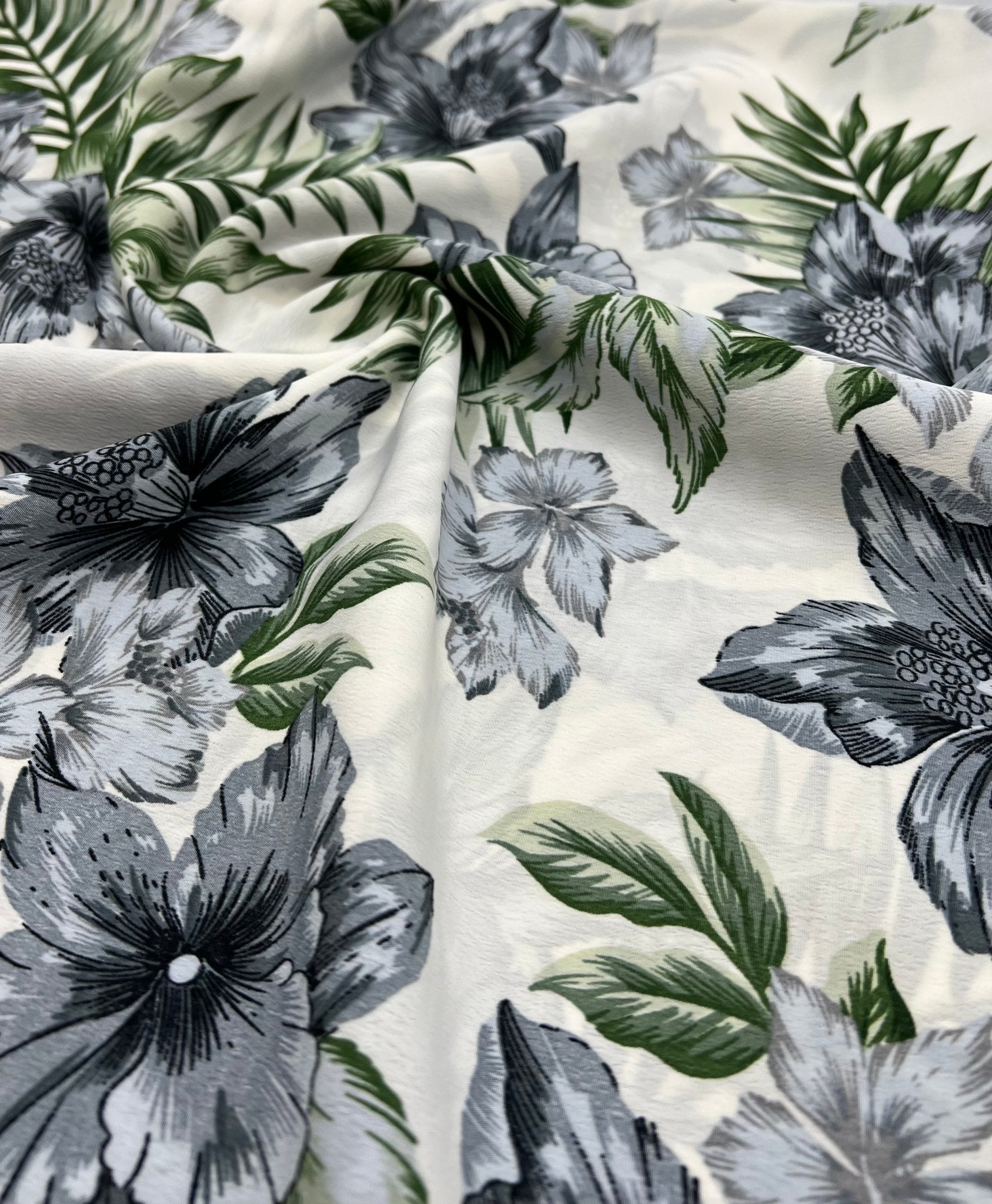 Ivory Blue Leaf Floral Lightweight Non Stretch Woven Fabric - T9 Fabrics