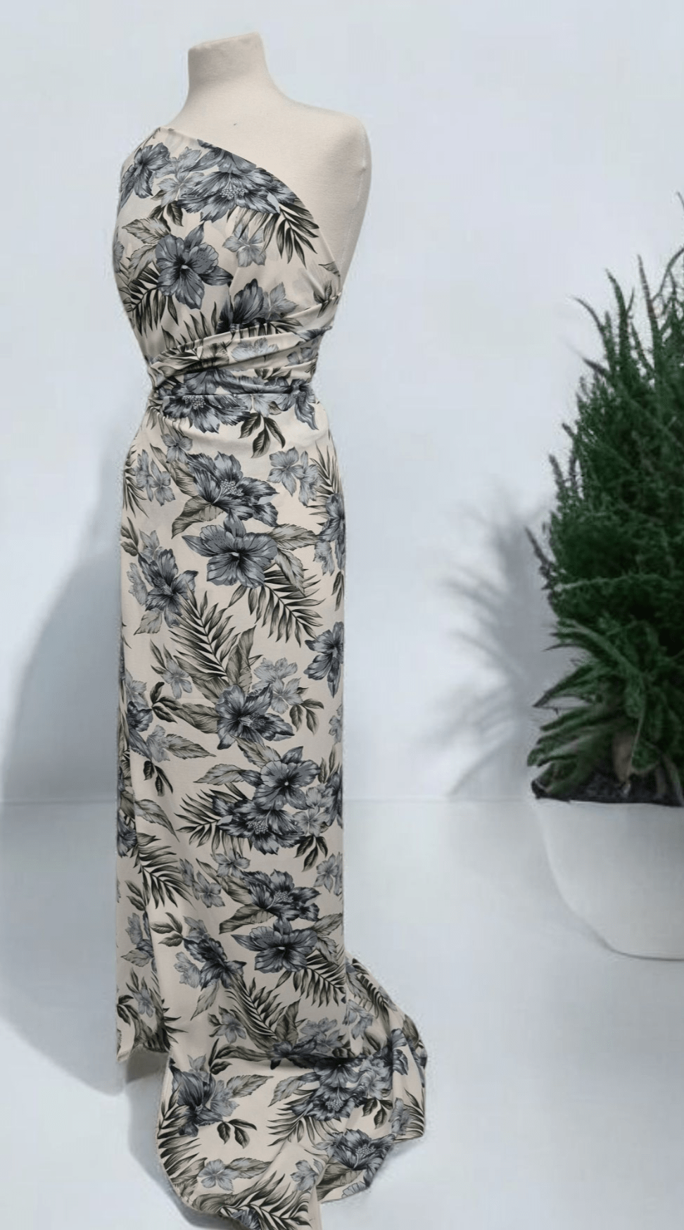 Ivory Blue Leaf Floral Lightweight Non Stretch Woven Fabric - T9 Fabrics