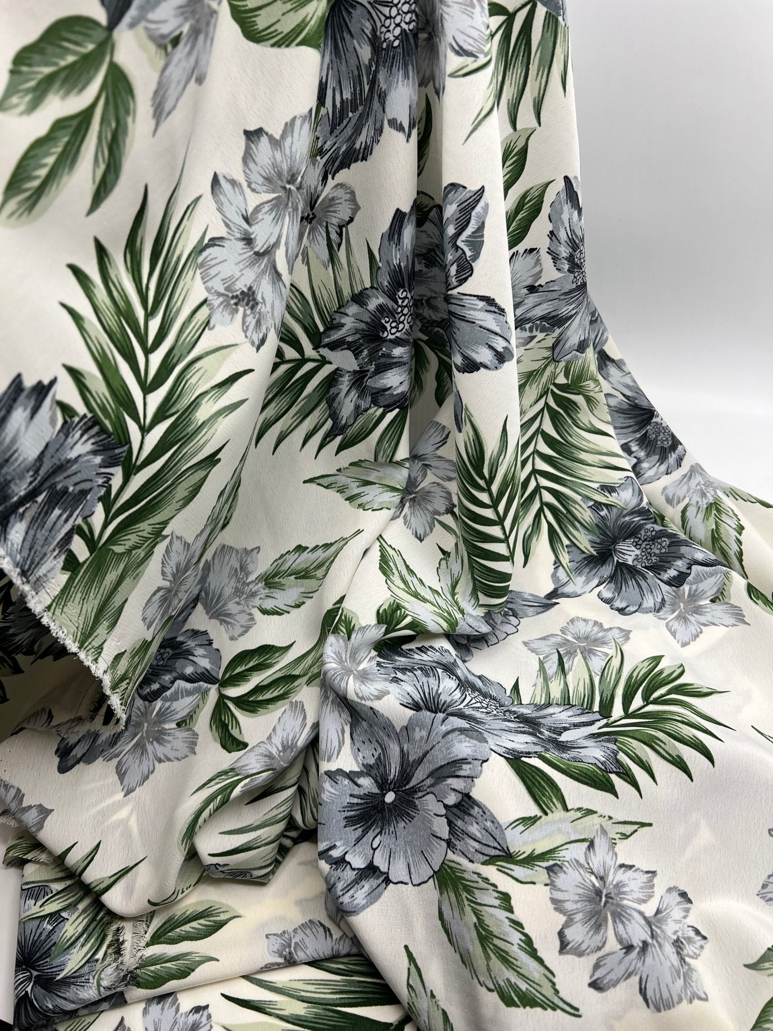 Ivory Blue Leaf Floral Lightweight Non Stretch Woven Fabric - T9 Fabrics
