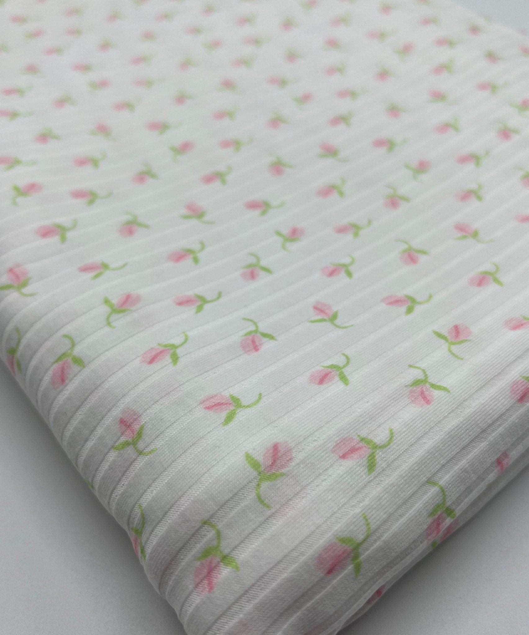 Ivory Green Pink Floral Ditsy Print 8x4 Wide Rib Stretch Fabric - T9 Fabrics
