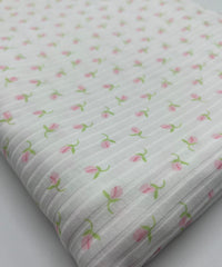 Ivory Green Pink Floral Ditsy Print 8x4 Wide Rib Stretch Fabric - T9 Fabrics