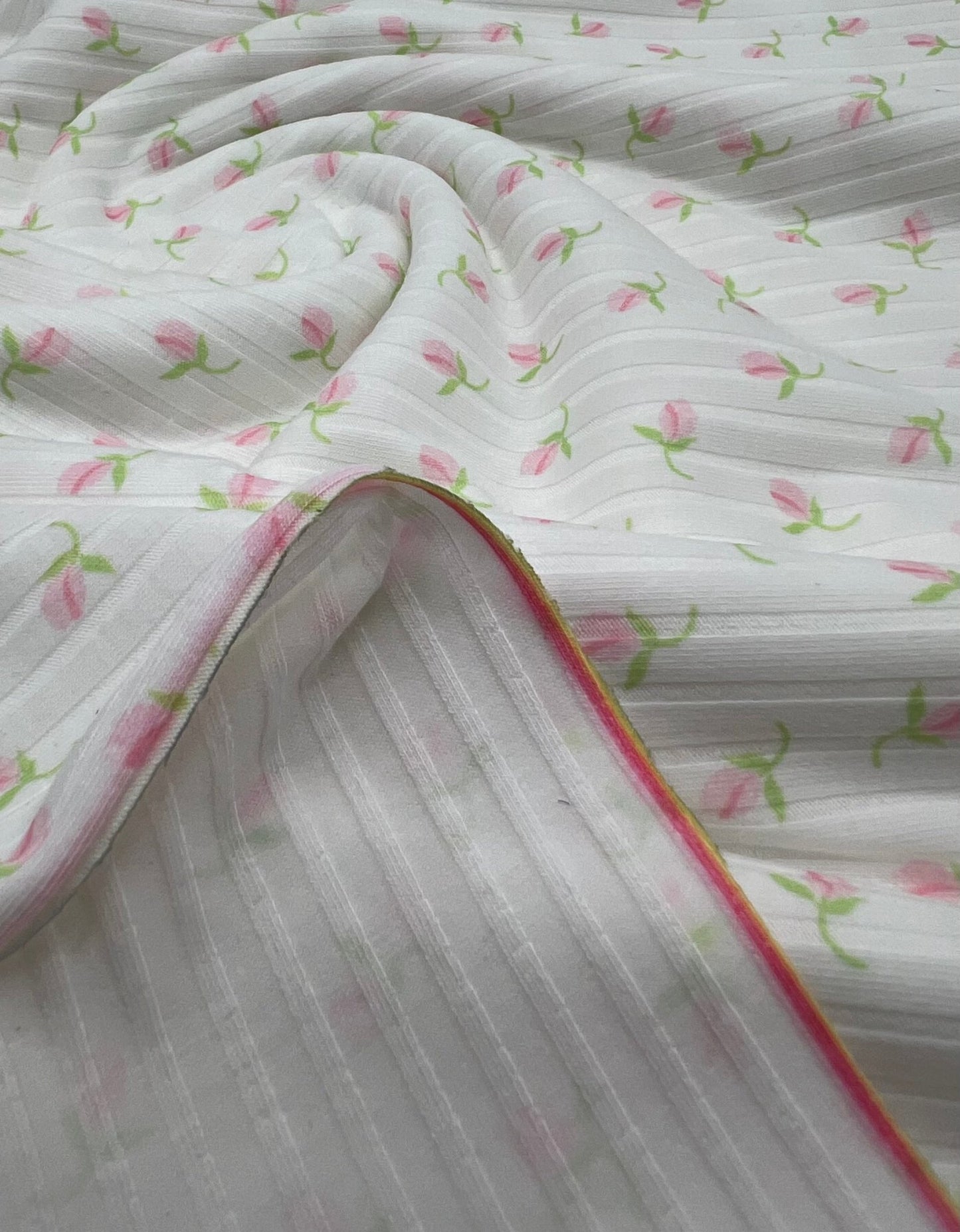 Ivory Green Pink Floral Ditsy Print 8x4 Wide Rib Stretch Fabric - T9 Fabrics