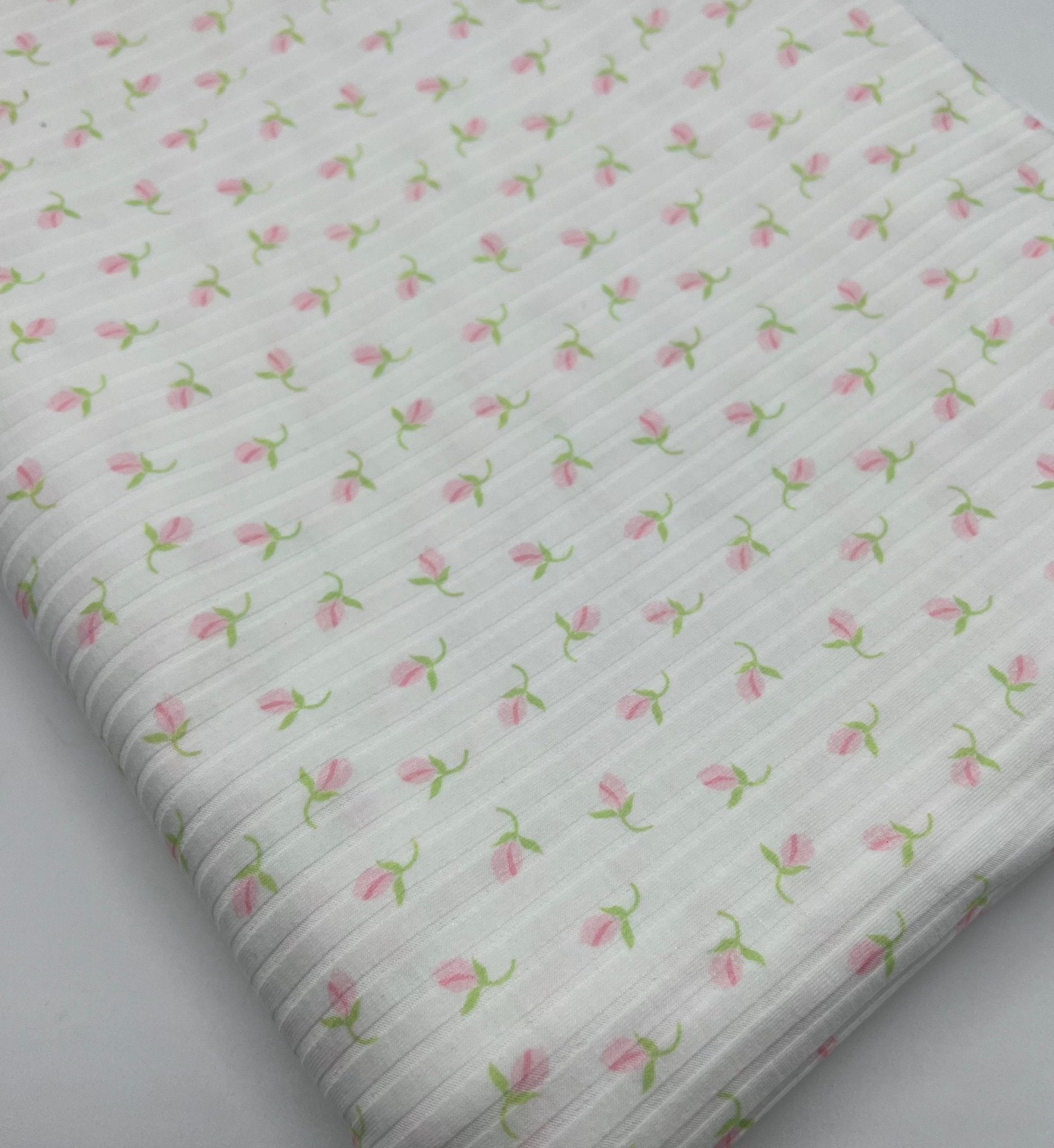 Ivory Green Pink Floral Ditsy Print 8x4 Wide Rib Stretch Fabric - T9 Fabrics
