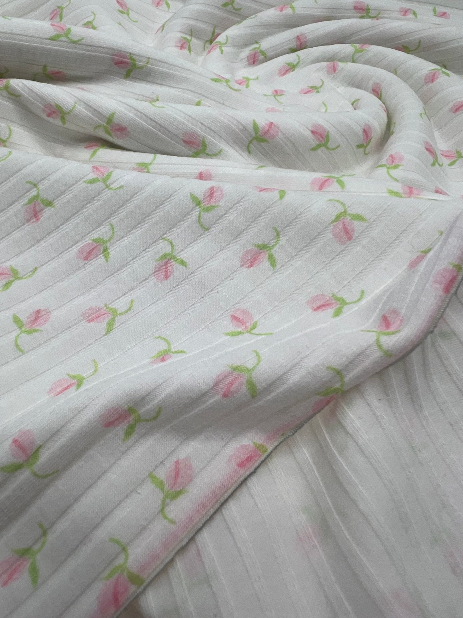 Ivory Green Pink Floral Ditsy Print 8x4 Wide Rib Stretch Fabric - T9 Fabrics
