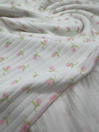 Ivory Green Pink Floral Ditsy Print 8x4 Wide Rib Stretch Fabric - T9 Fabrics