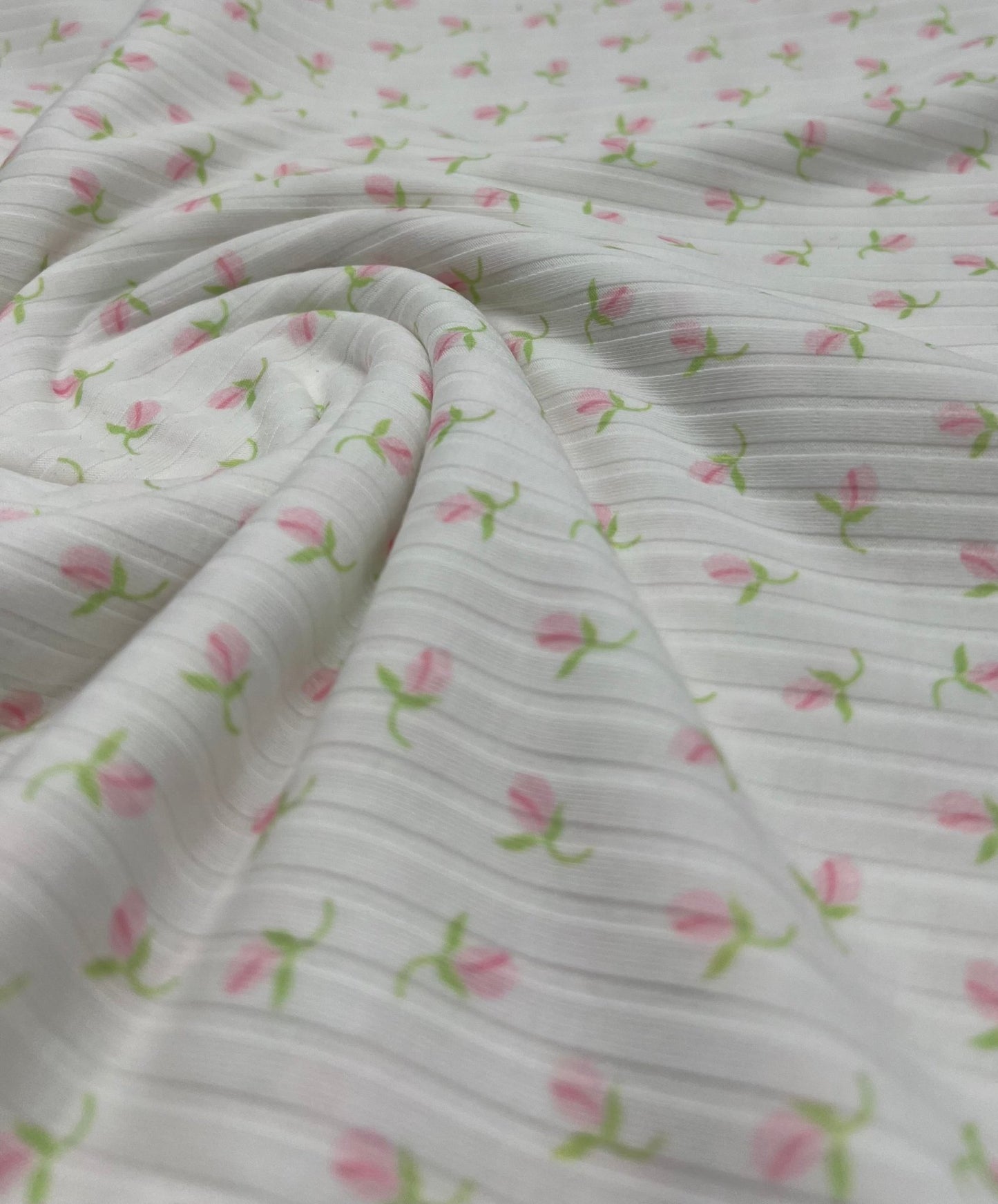 Ivory Green Pink Floral Ditsy Print 8x4 Wide Rib Stretch Fabric - T9 Fabrics
