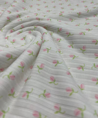 Ivory Green Pink Floral Ditsy Print 8x4 Wide Rib Stretch Fabric - T9 Fabrics