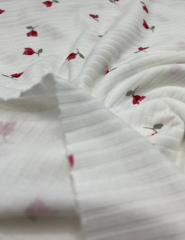 Ivory Rose Floral Ditsy Print 8x4 Wide Rib Stretch Fabric - T9 Fabrics