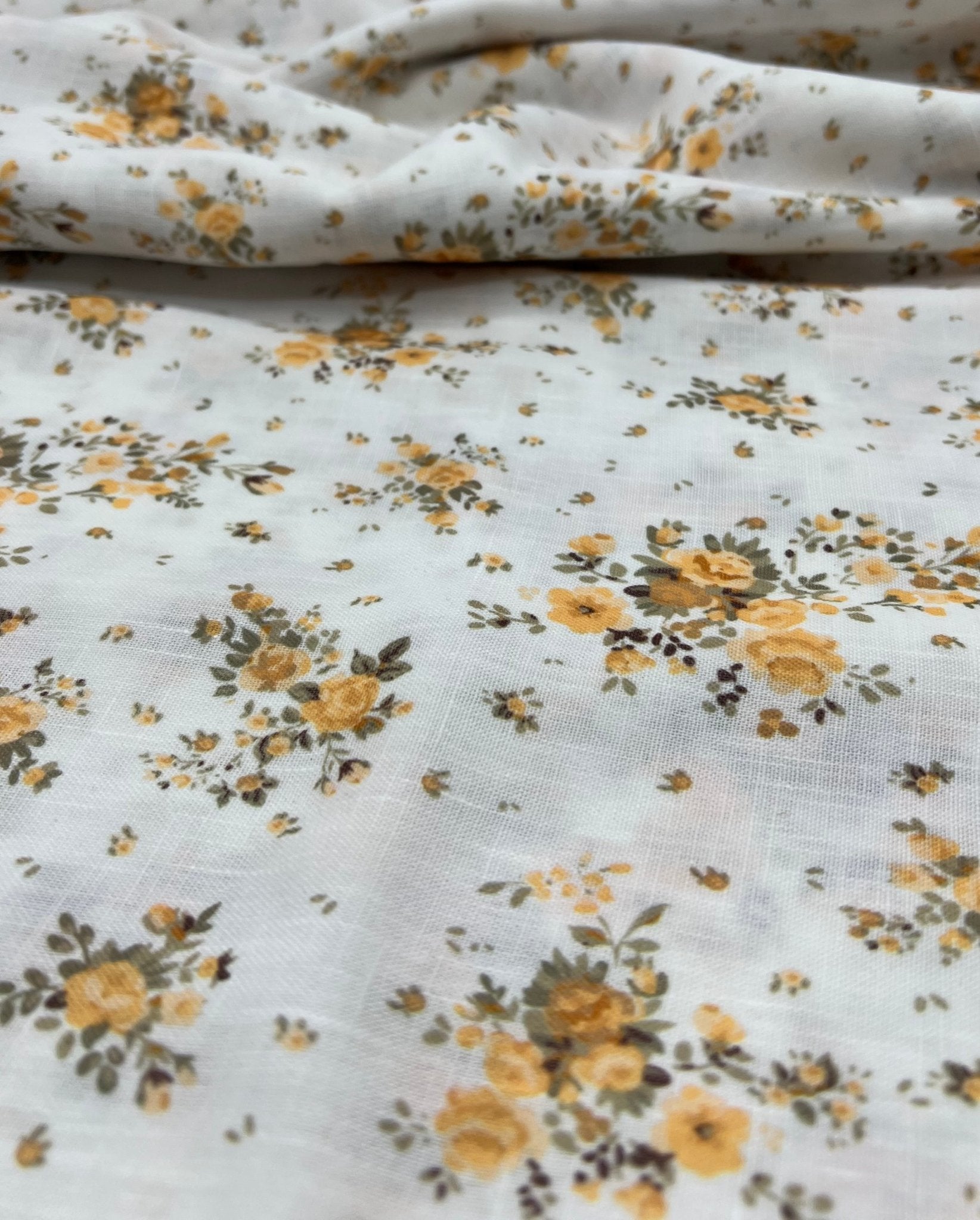 Ivory Yellow Floral Polyester Linen Non Stretch Fabric - T9 Fabrics