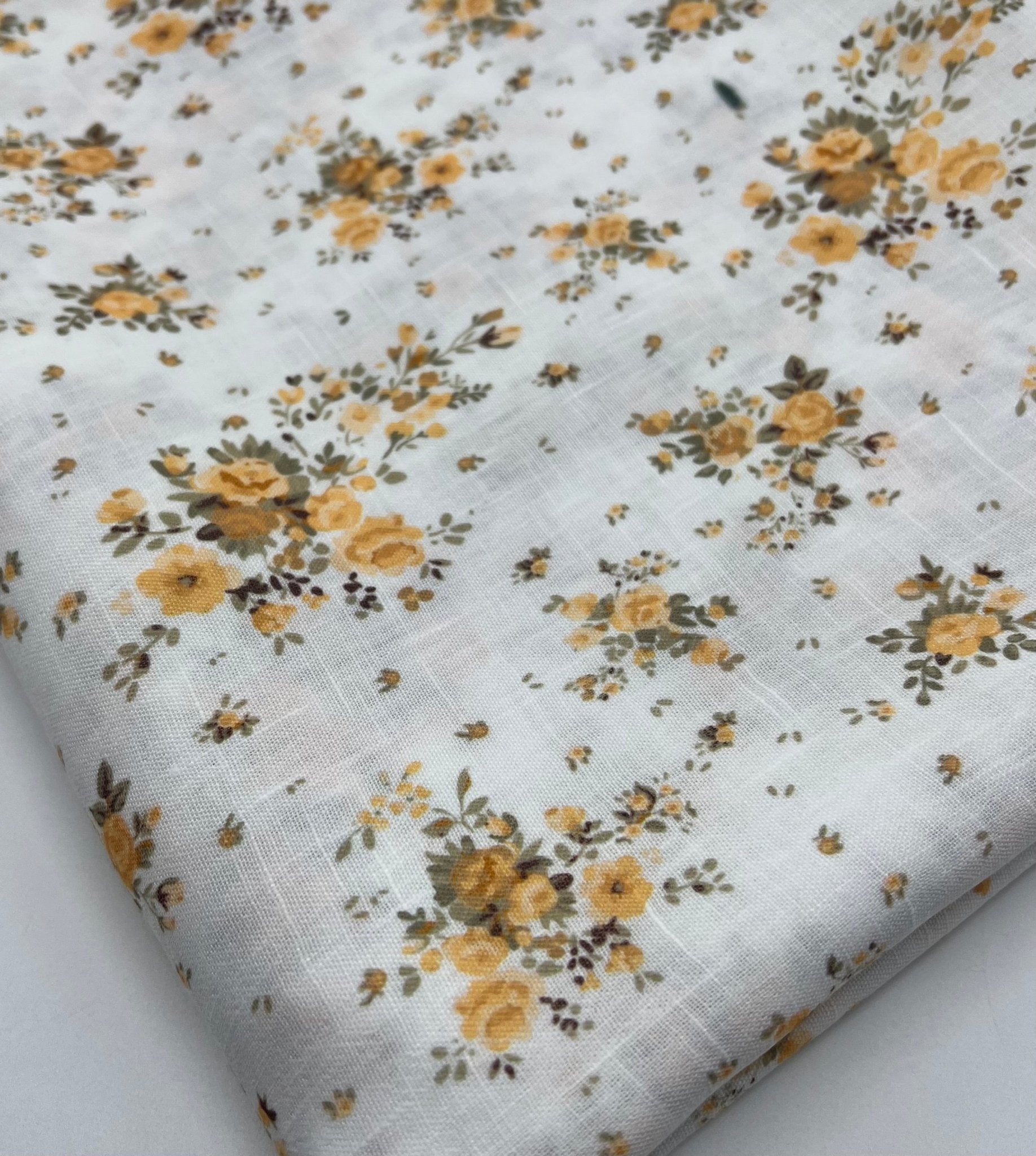 Ivory Yellow Floral Polyester Linen Non Stretch Fabric - T9 Fabrics