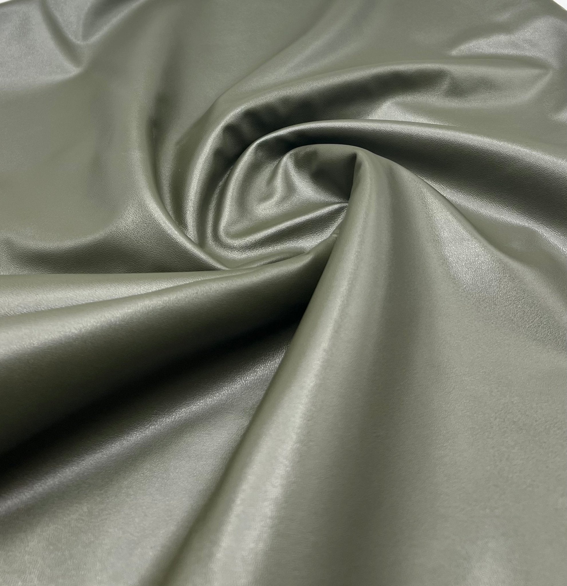 Khaki Green Cupro Wet look Leather Look Stretch Dress Craft Fabric - T9 Fabrics