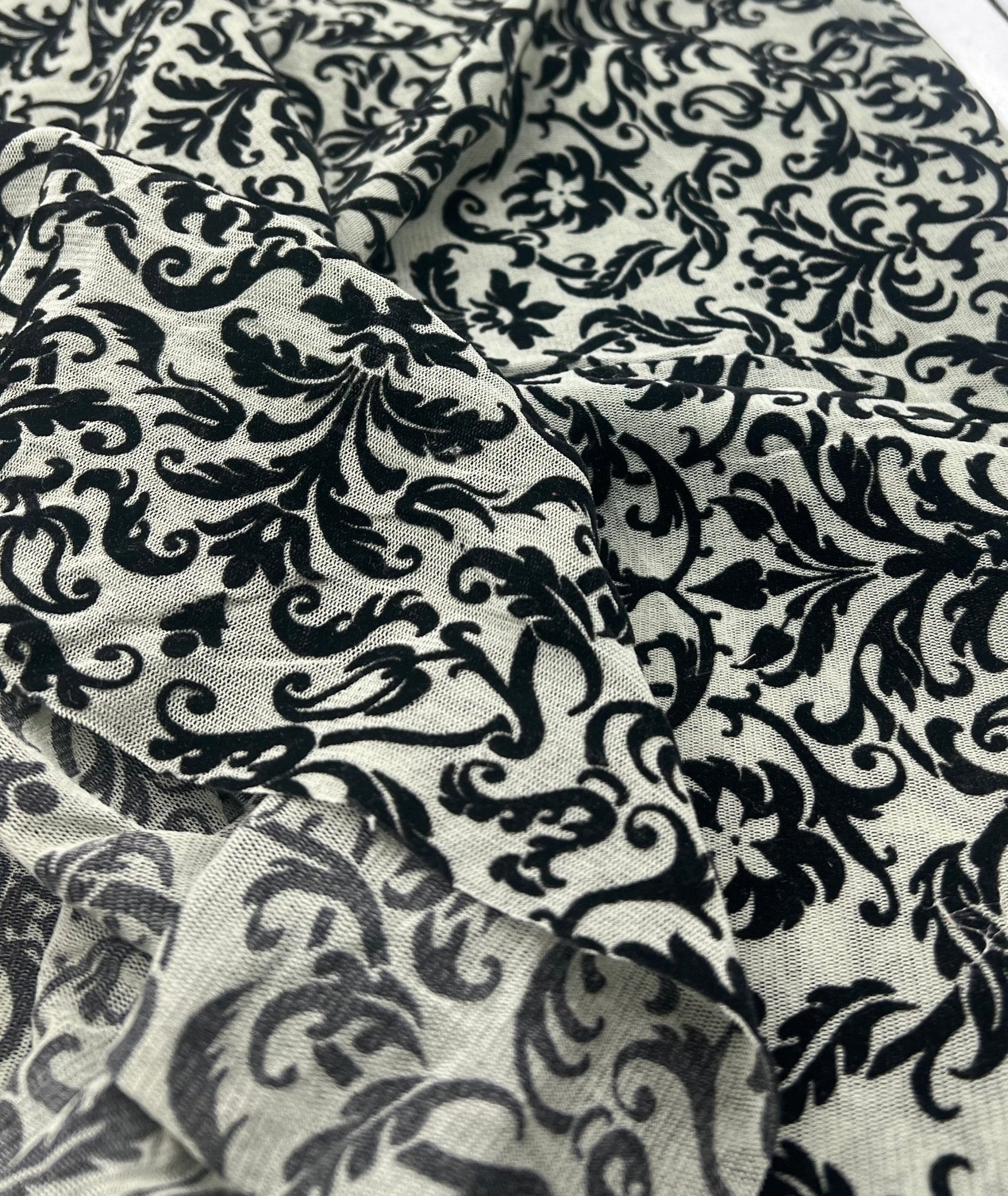 Khaki Green Embossed Flocked Mesh Fabric 2 Way Stretch - T9 Fabrics