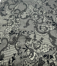 Khaki Green Floral Embossed Flocked Mesh Fabric 2 Way Stretch - T9 Fabrics