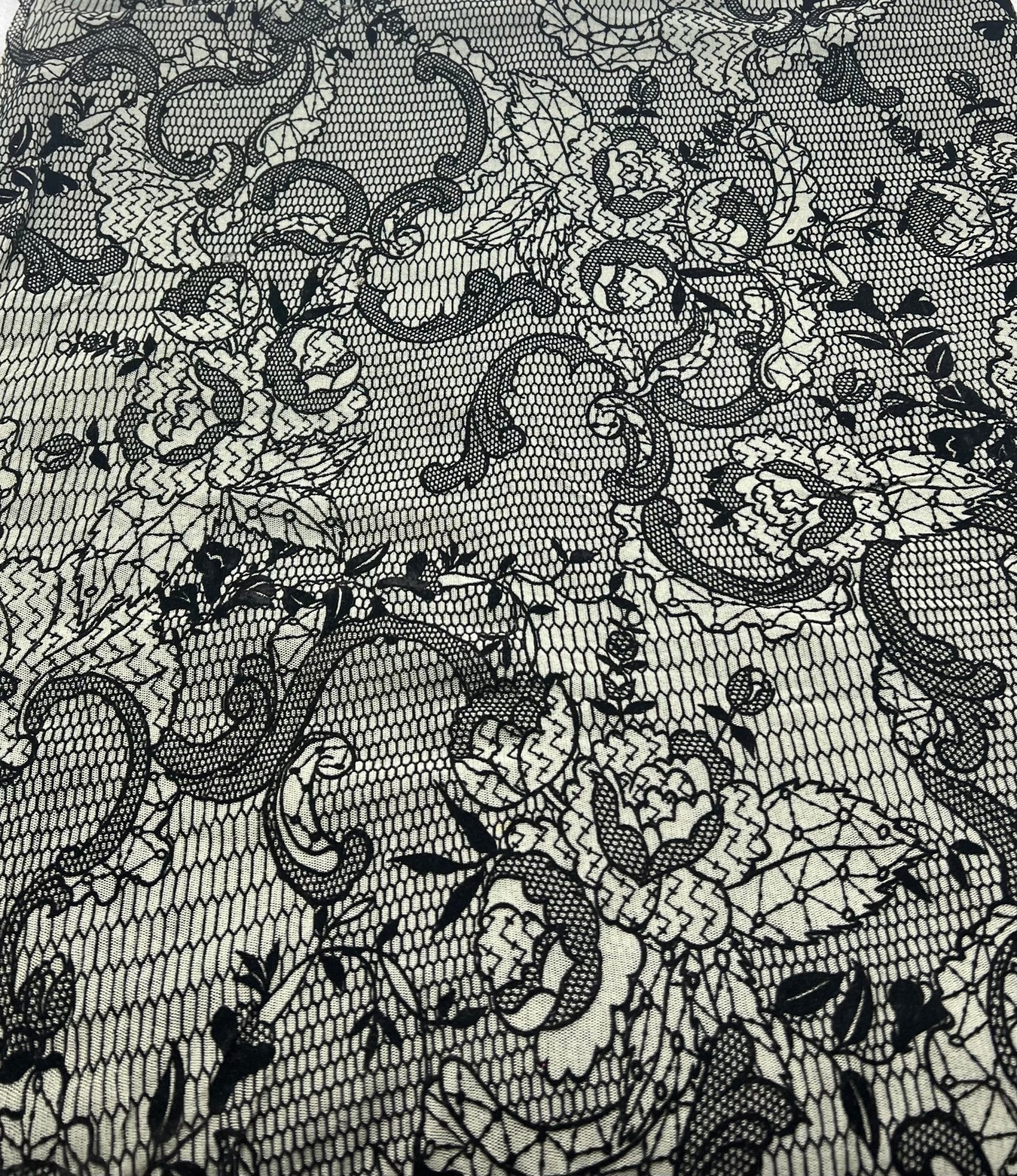 Khaki Green Floral Embossed Flocked Mesh Fabric 2 Way Stretch - T9 Fabrics