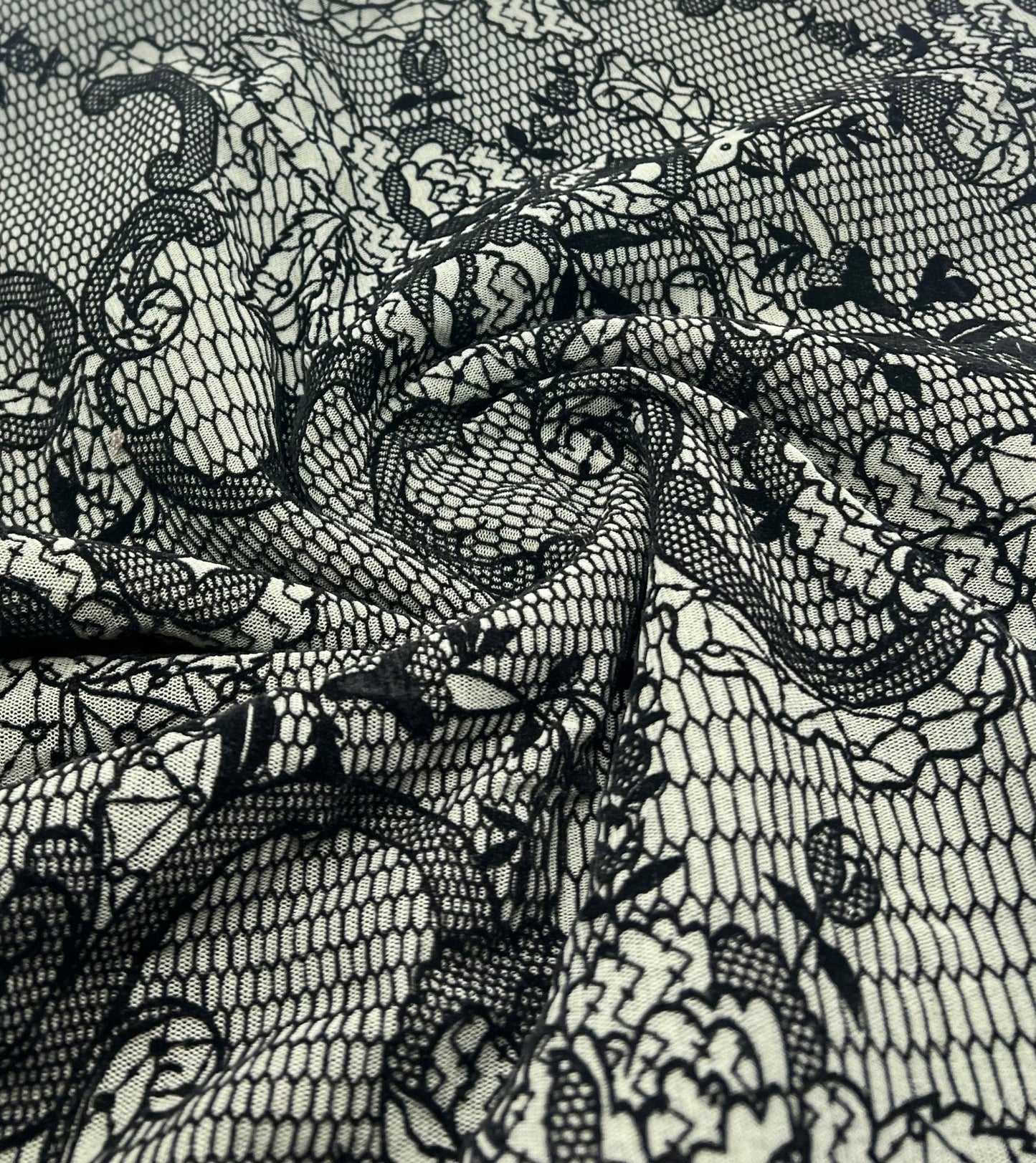 Khaki Green Floral Embossed Flocked Mesh Fabric 2 Way Stretch - T9 Fabrics