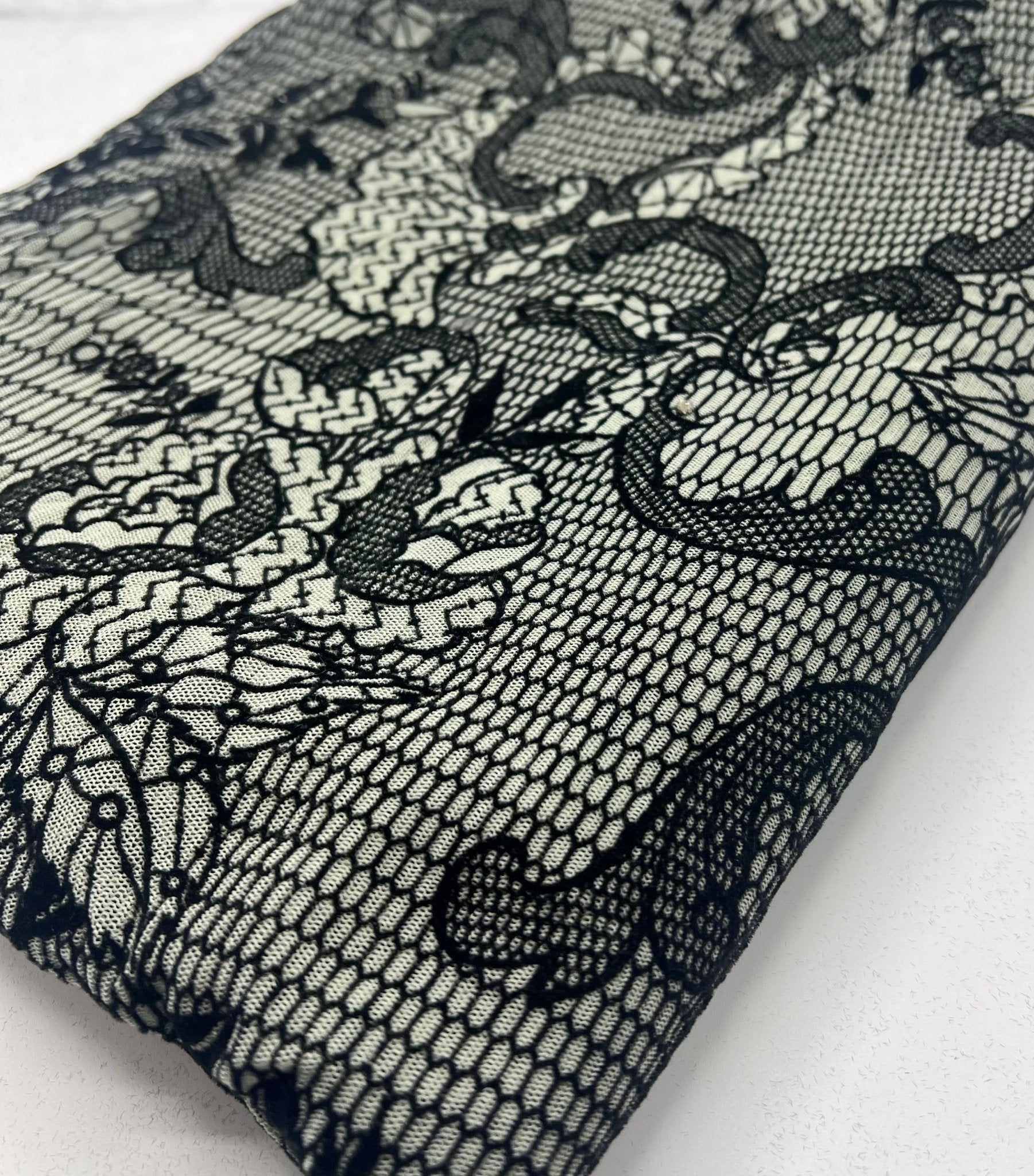 Khaki Green Floral Embossed Flocked Mesh Fabric 2 Way Stretch - T9 Fabrics