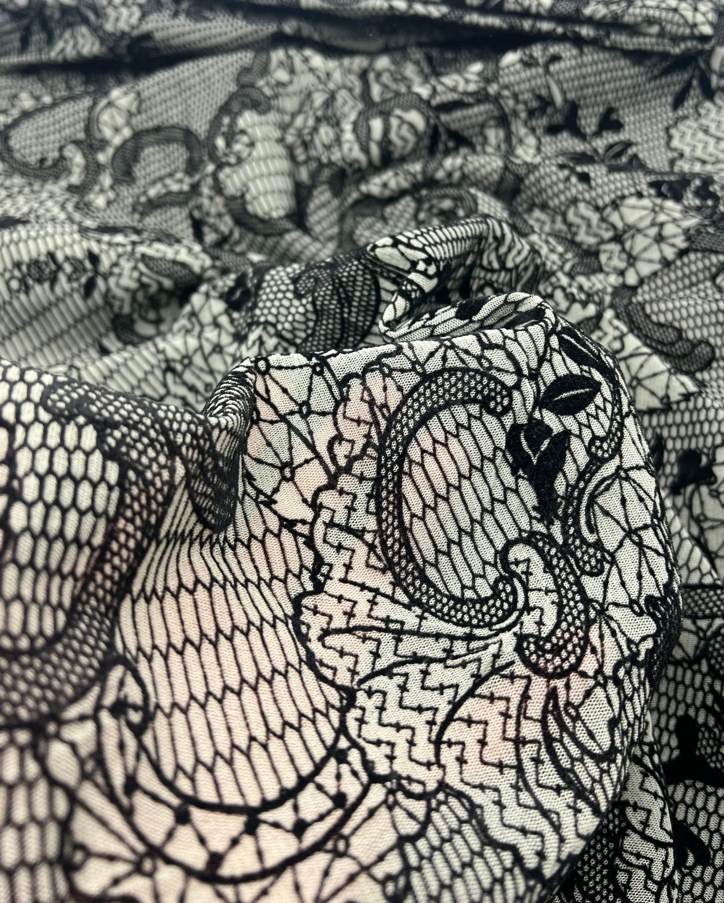 Khaki Green Floral Embossed Flocked Mesh Fabric 2 Way Stretch - T9 Fabrics