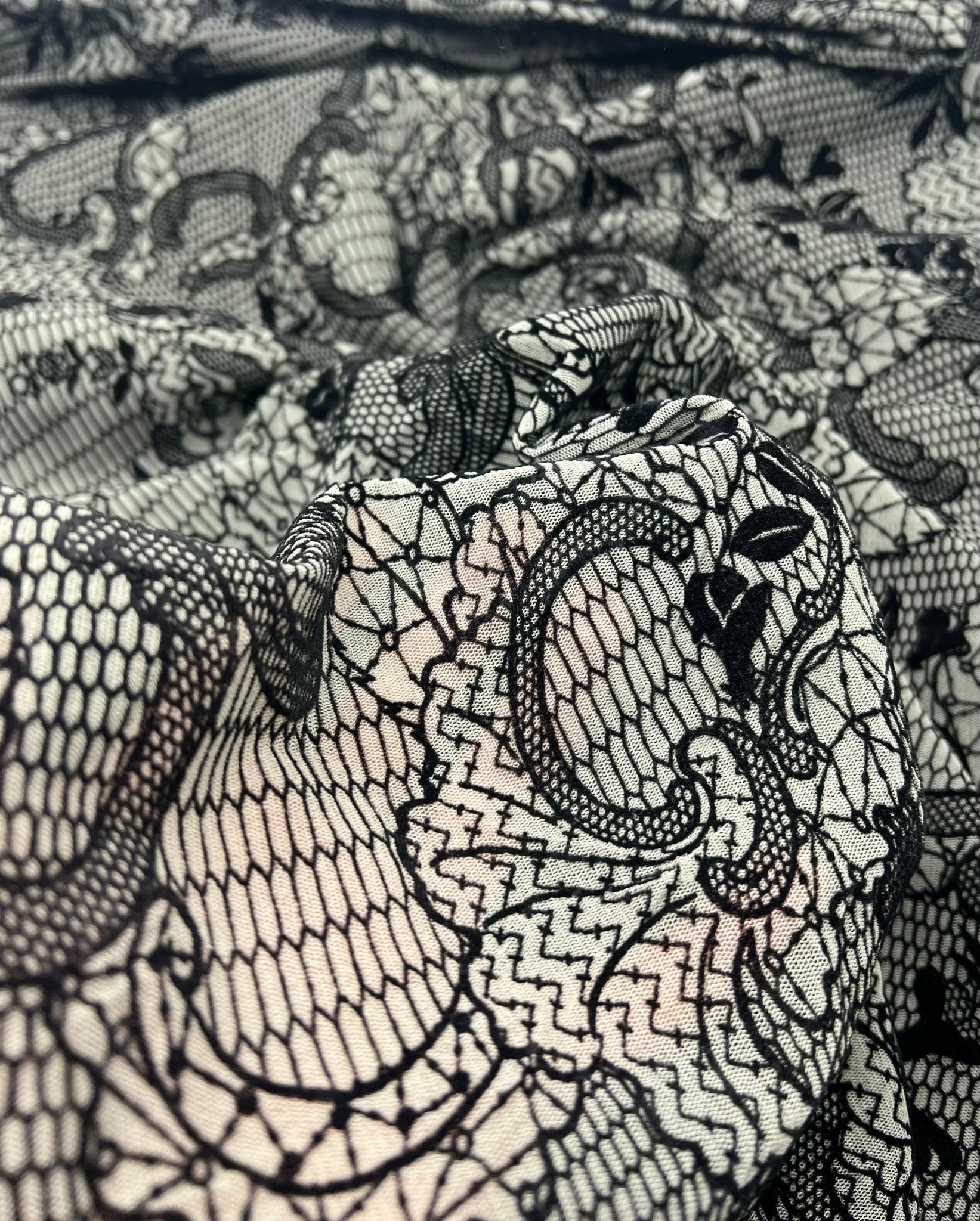 Khaki Green Floral Embossed Flocked Mesh Fabric 2 Way Stretch - T9 Fabrics