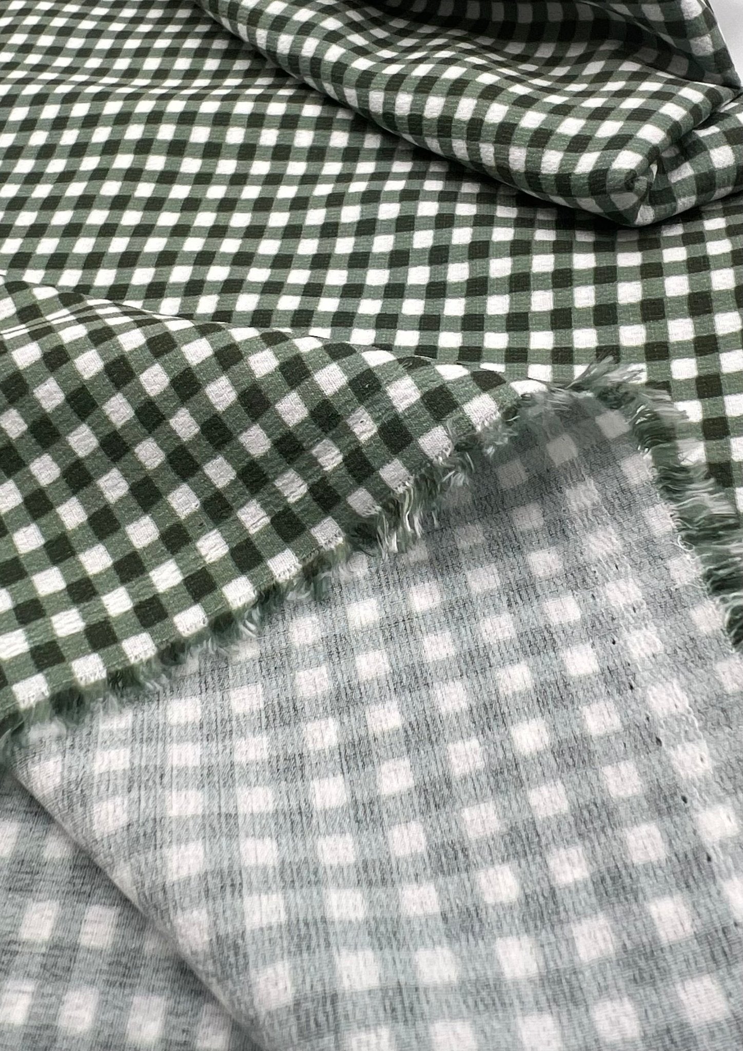 Khaki Green Gingham Check Print Lightweight Bubble Crepe Fabric - T9 Fabrics