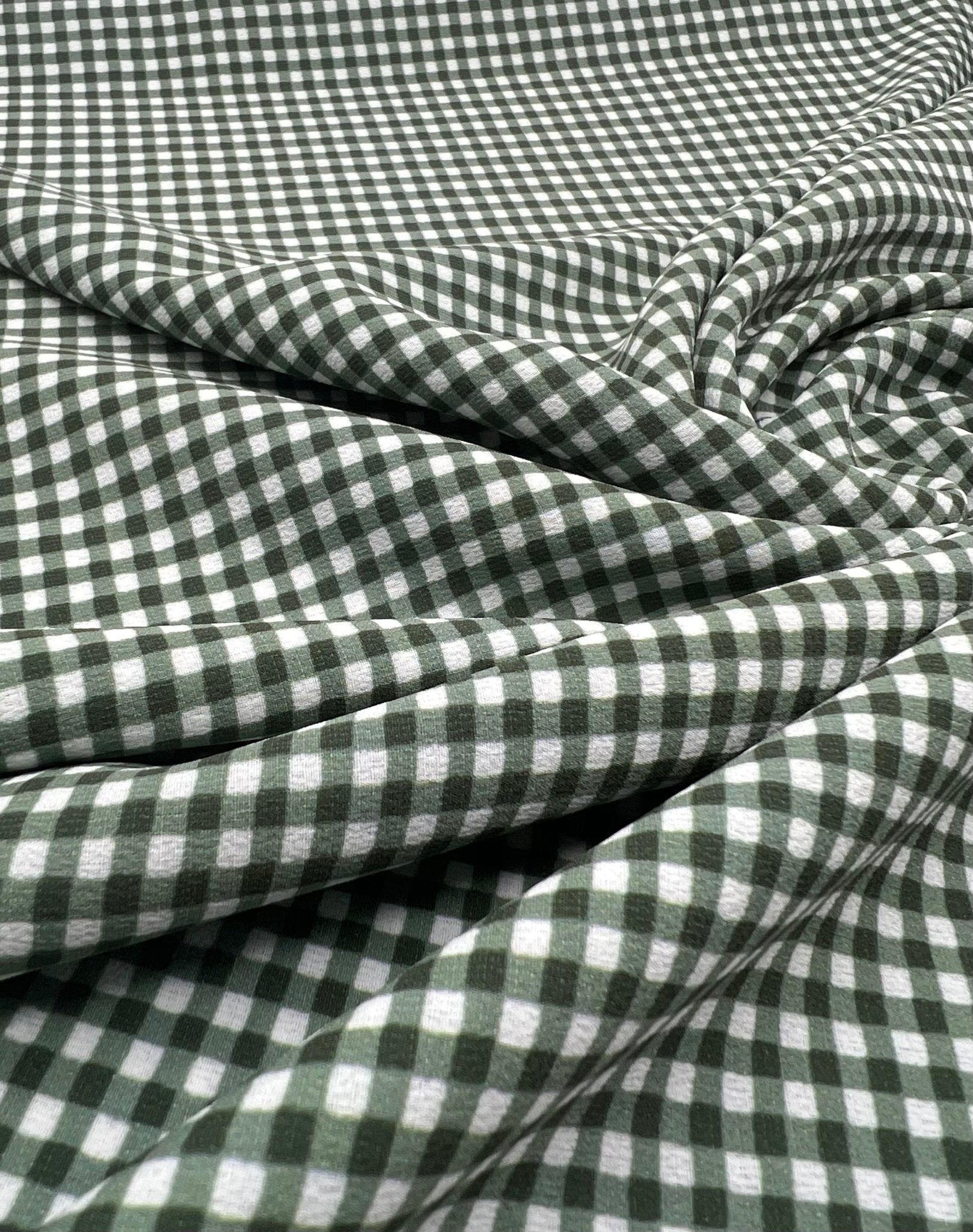 Khaki Green Gingham Check Print Lightweight Bubble Crepe Fabric - T9 Fabrics