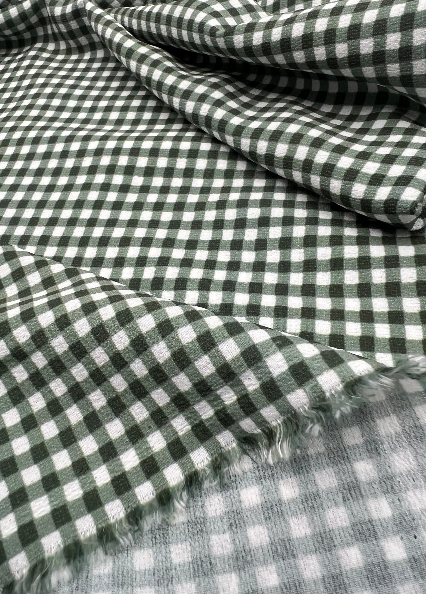 Khaki Green Gingham Check Print Lightweight Bubble Crepe Fabric - T9 Fabrics