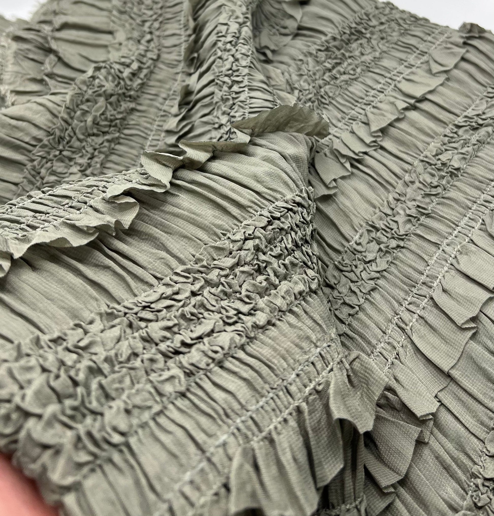 Khaki Green Ruffle Textured 2 Way Stretch Fabric - T9 Fabrics