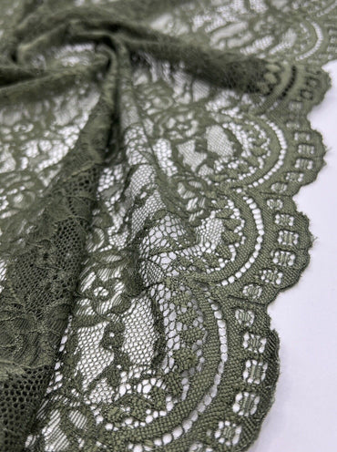 Khaki Scalloped Edge Floral Lace Fabric Stretch - T9 Fabrics