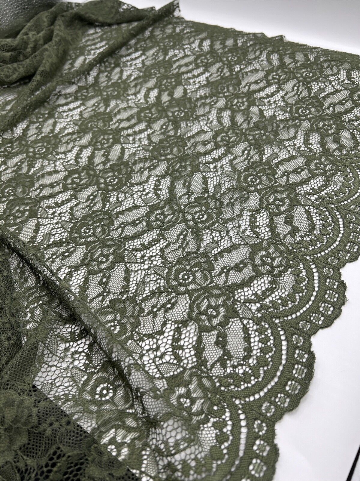 Khaki Scalloped Edge Floral Lace Fabric Stretch - T9 Fabrics