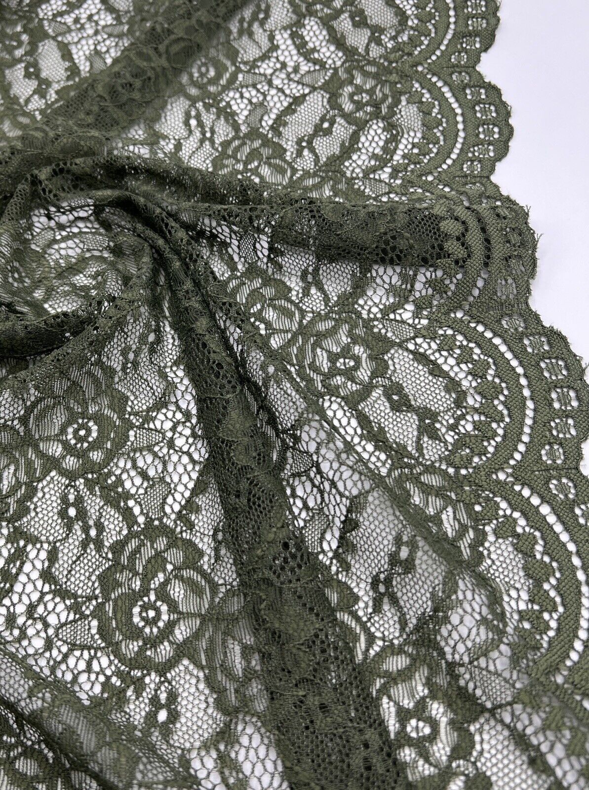 Khaki Scalloped Edge Floral Lace Fabric Stretch - T9 Fabrics